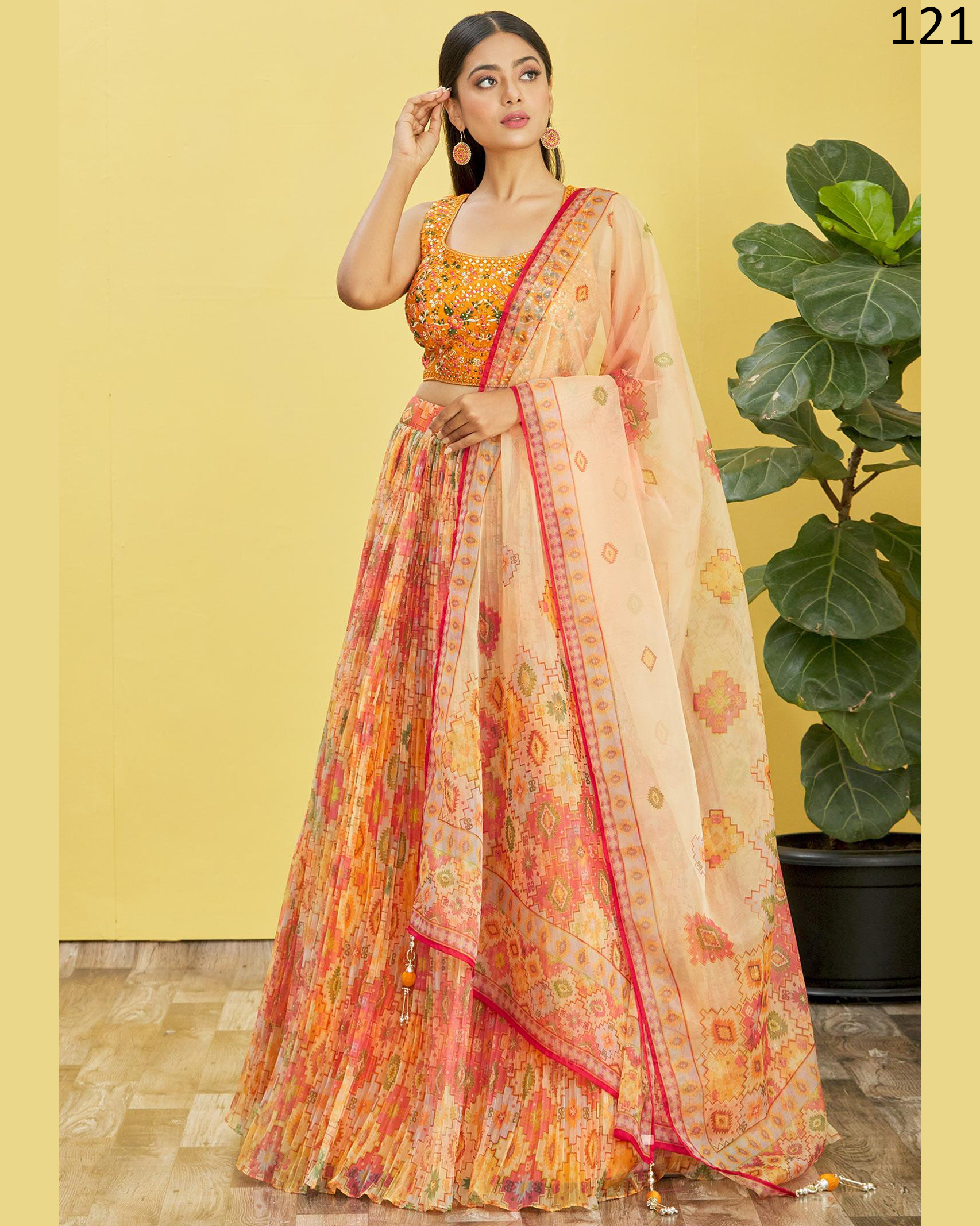 Wome's Organza Thread Work Semi Stitched Designer Crop Top Lehenga Choli