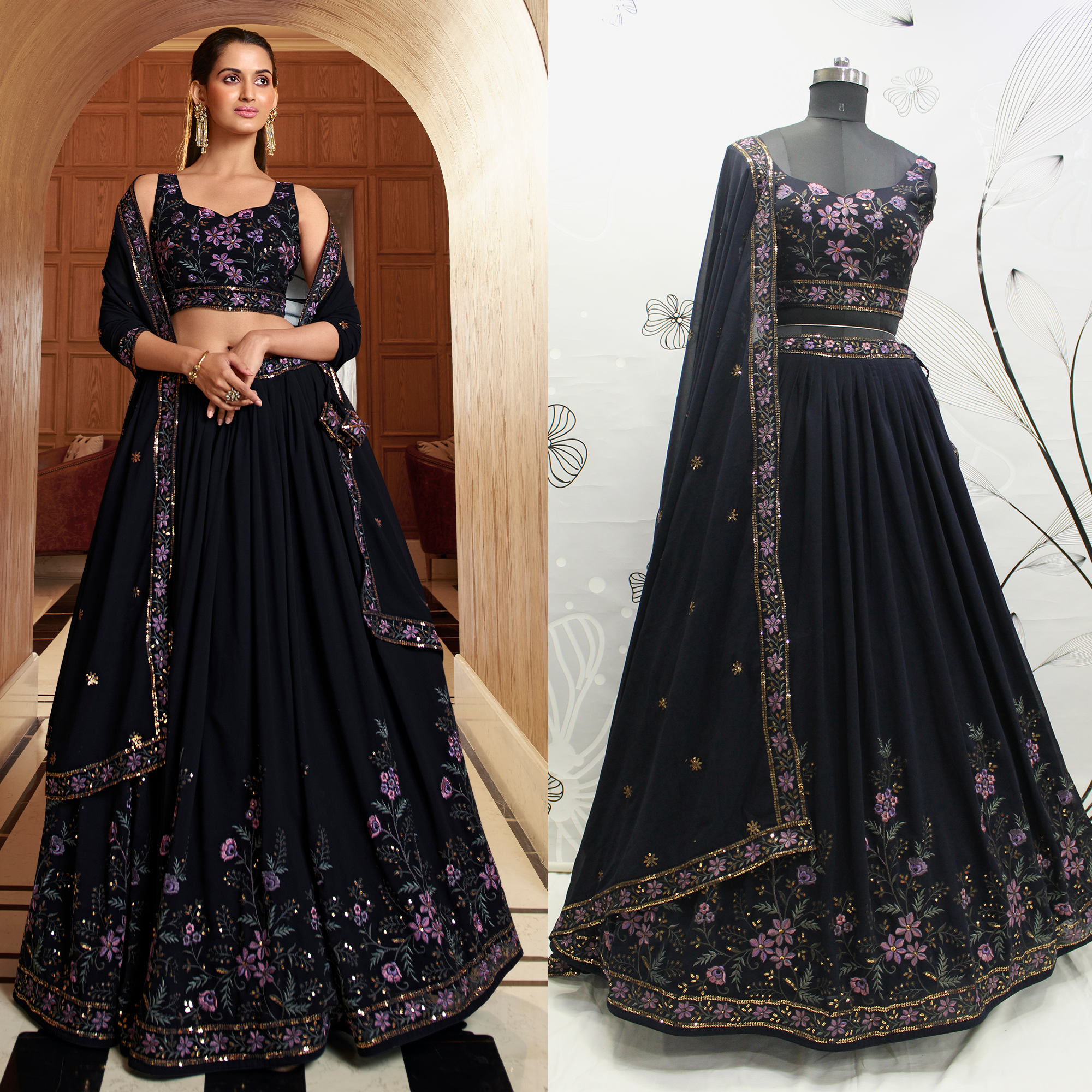 Floral Printe With Sequins Embroidered With Mirror Work Georgette Festive & Party Wear Semi Stitched Lehenga