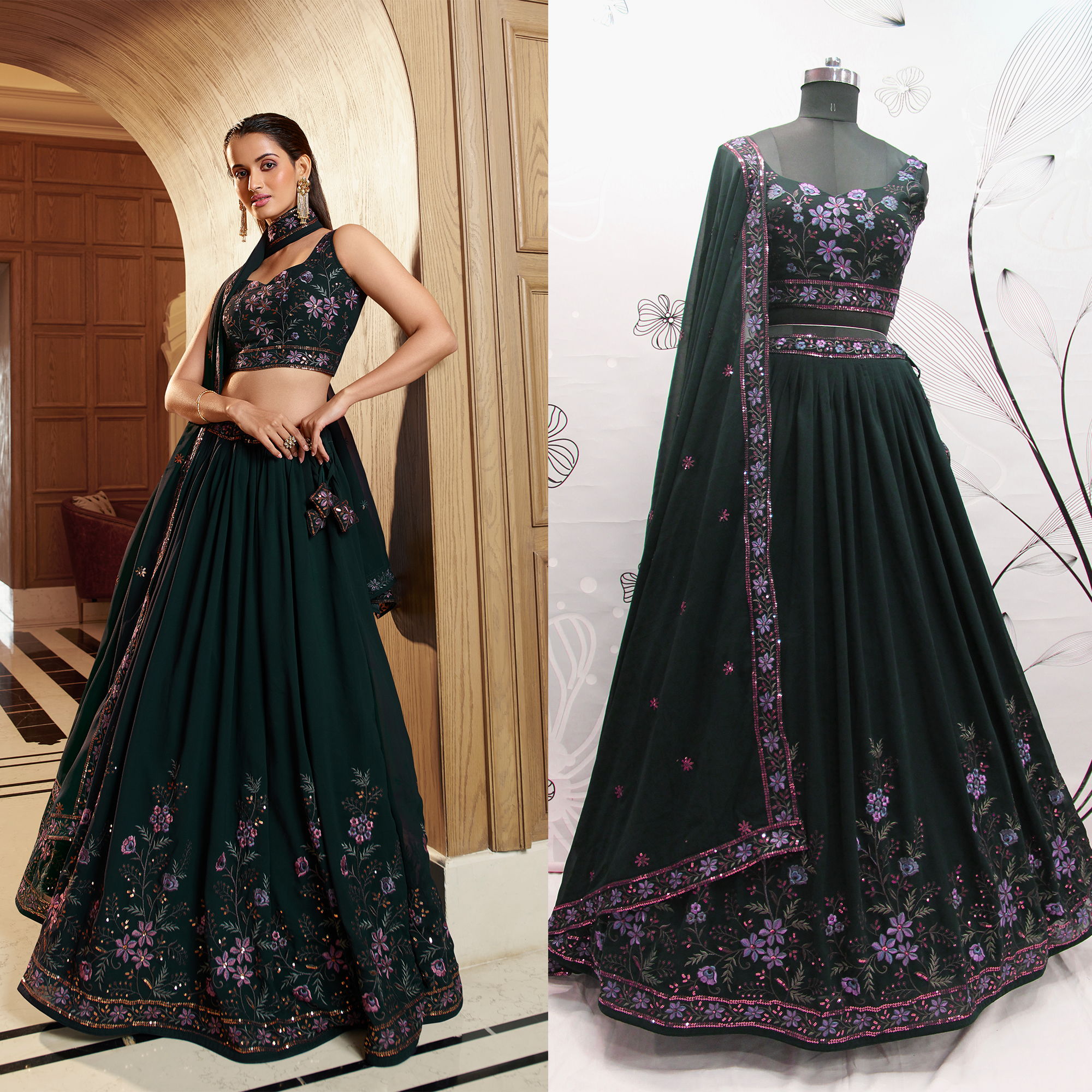 Floral Printe With Sequins Embroidered With Mirror Work Georgette Festive & Party Wear Semi Stitched Lehenga