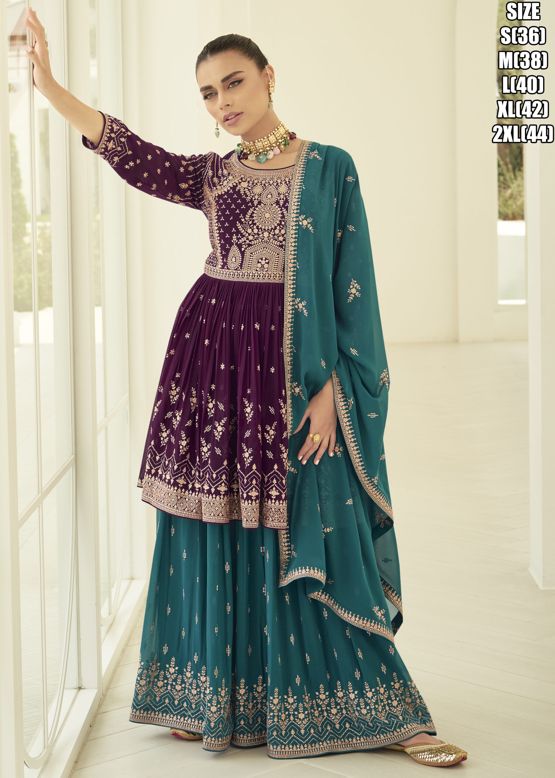 Elevate Your Eid Style With This Peplum Style Readymade Georgette Top, Palazzo, And Dupatta Set. Exquisite Embroidery In Multi-color