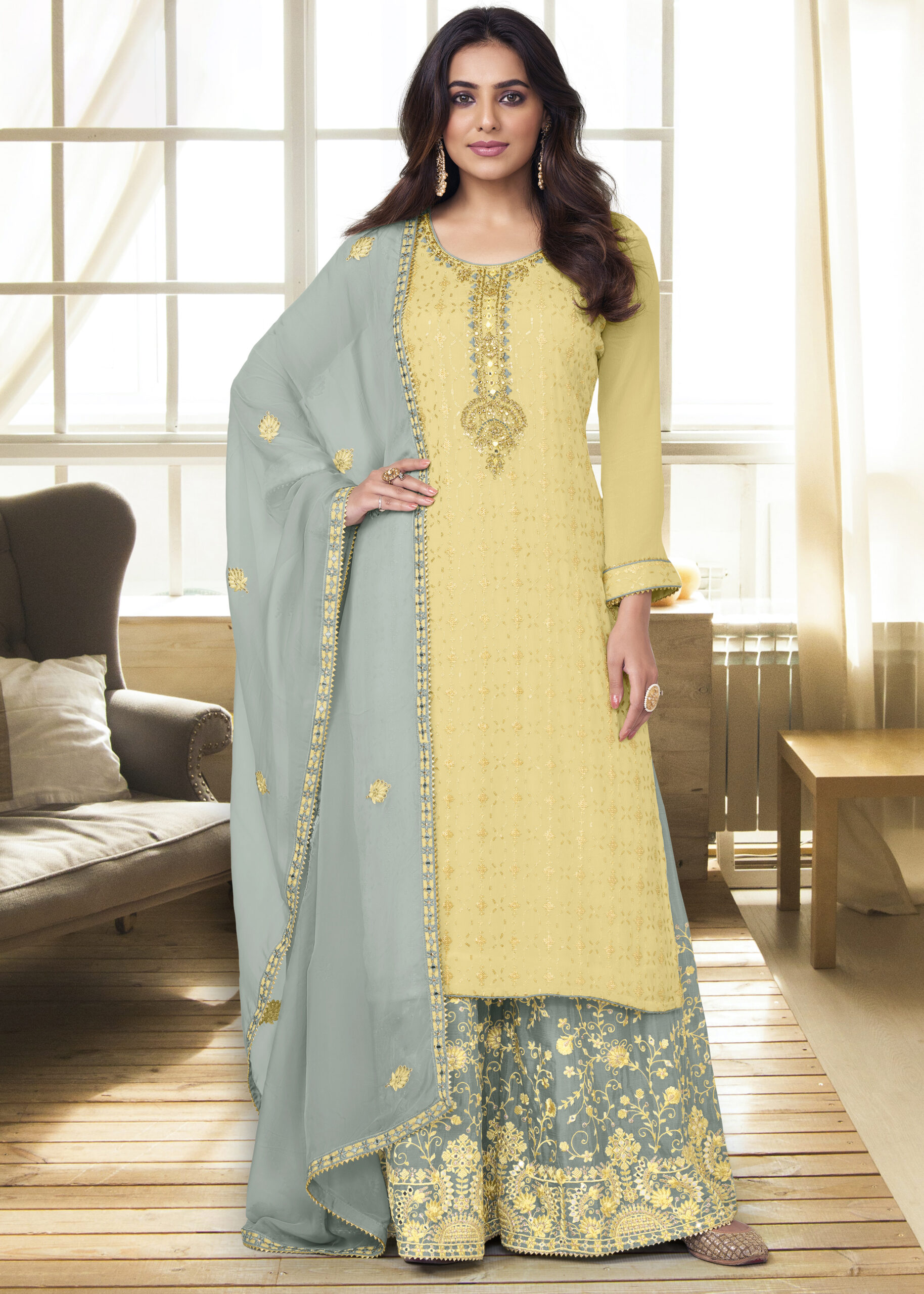 Party Wear Chinnon Semi Stitched Embroidery Sharara Pair Collection