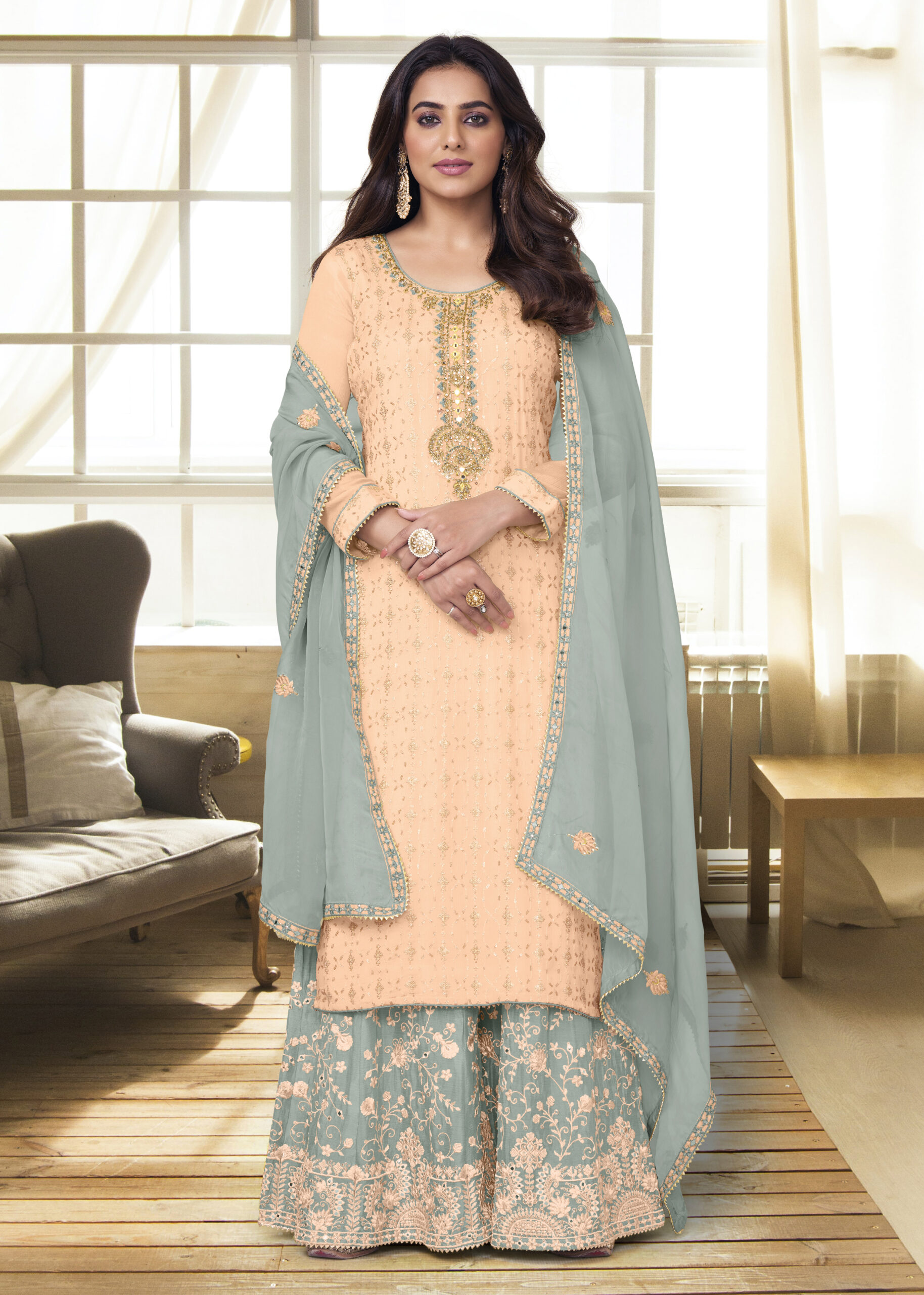 Party Wear Chinnon Semi Stitched Embroidery Sharara Pair Collection