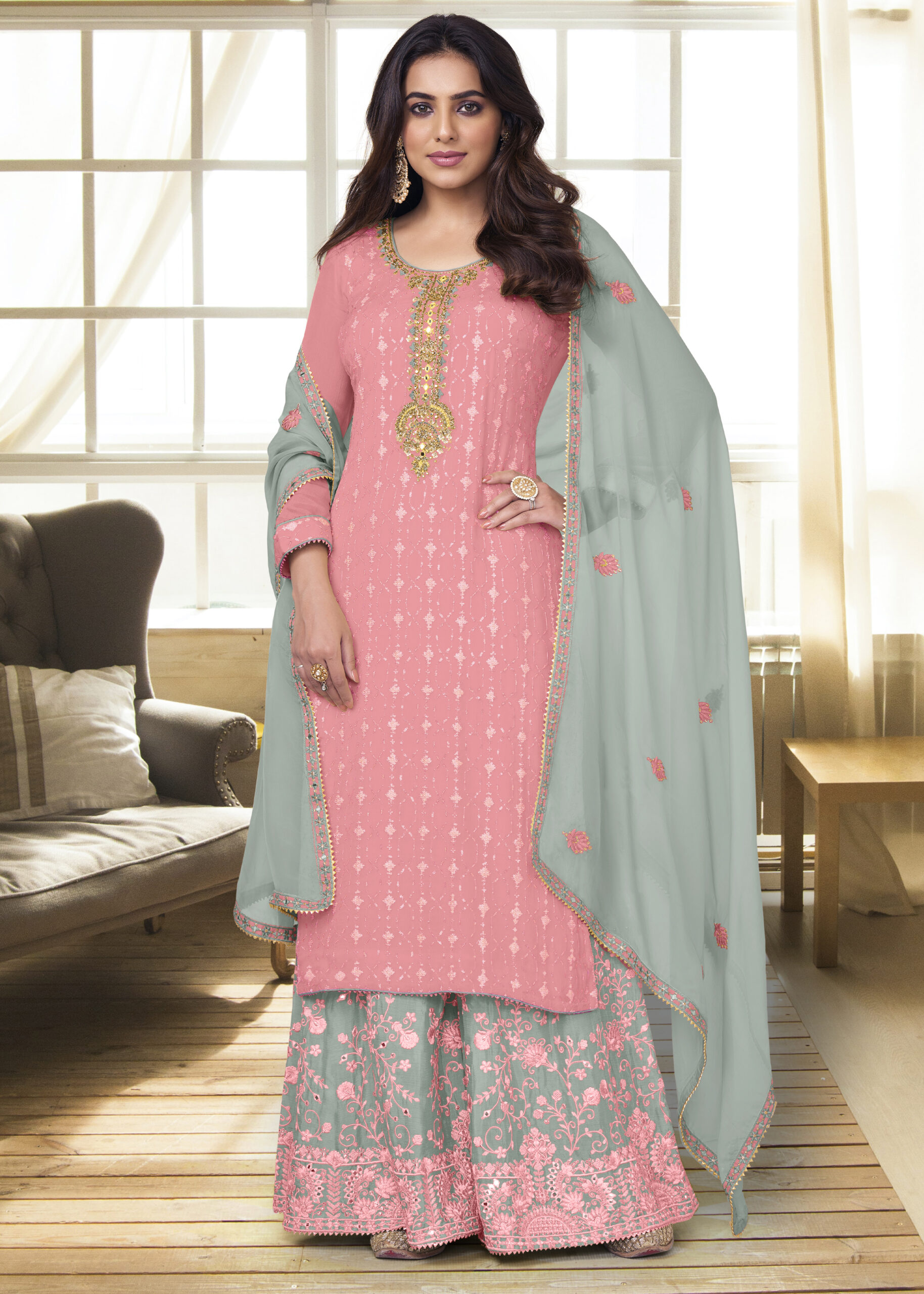 Party Wear Chinnon Semi Stitched Embroidery Sharara Pair Collection