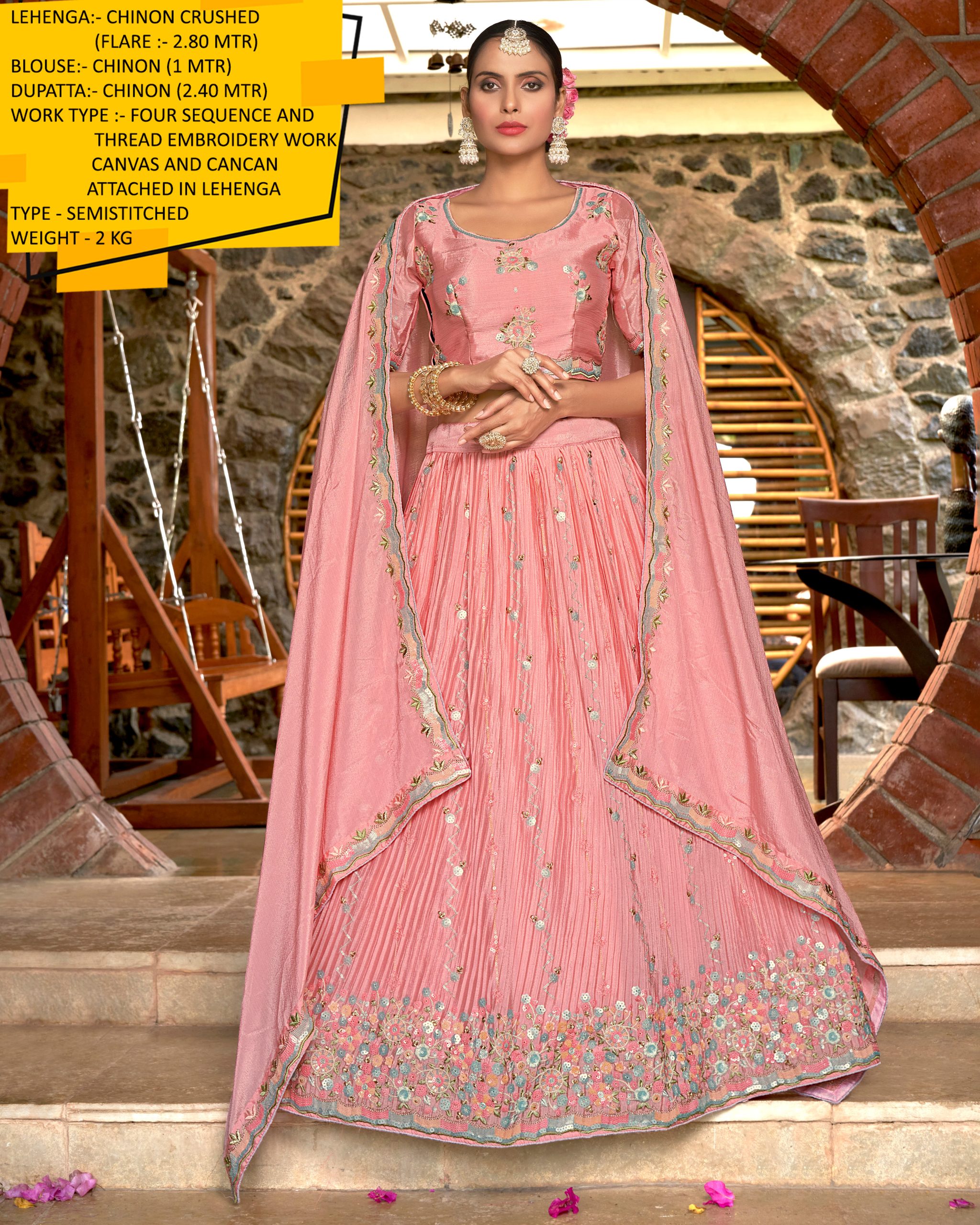 Shimmer And Elegance Combined Explore Semi-stitched Chinon Lehenga Choli And Dupatta With Stunning Sequence And Thread Embroidery