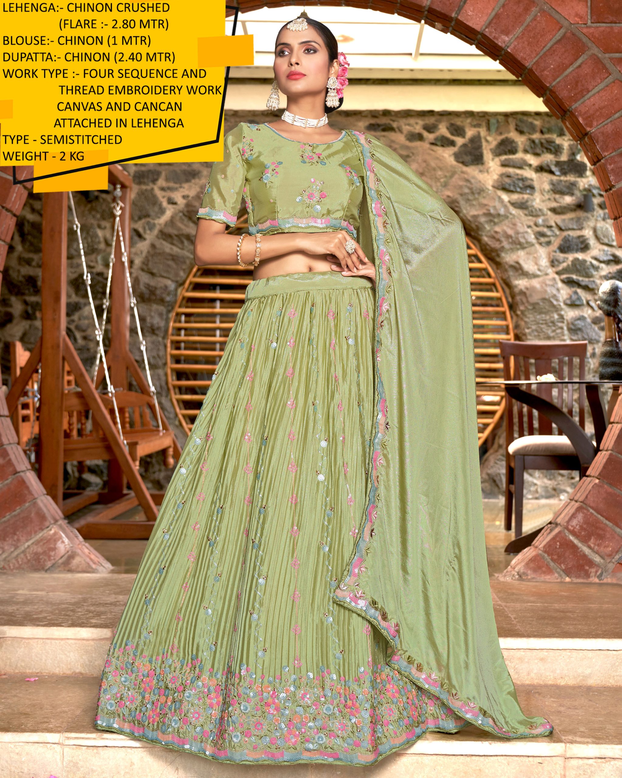 Shimmer And Elegance Combined Explore Semi-stitched Chinon Lehenga Choli And Dupatta With Stunning Sequence And Thread Embroidery