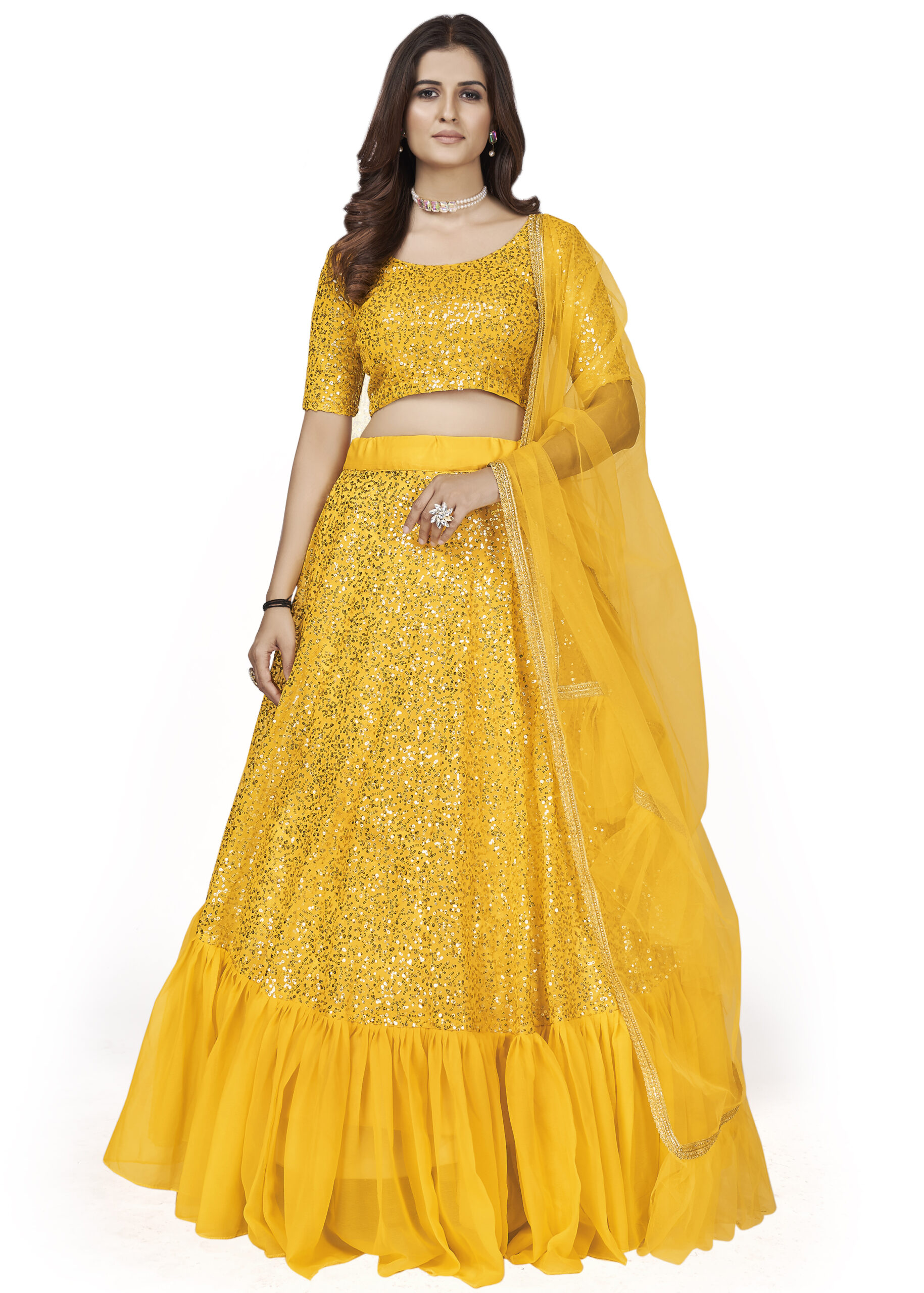Unveil Grace And Glamour With Our Semistitched Lehenga Set Exquisite Thread And Sequins Embroidery