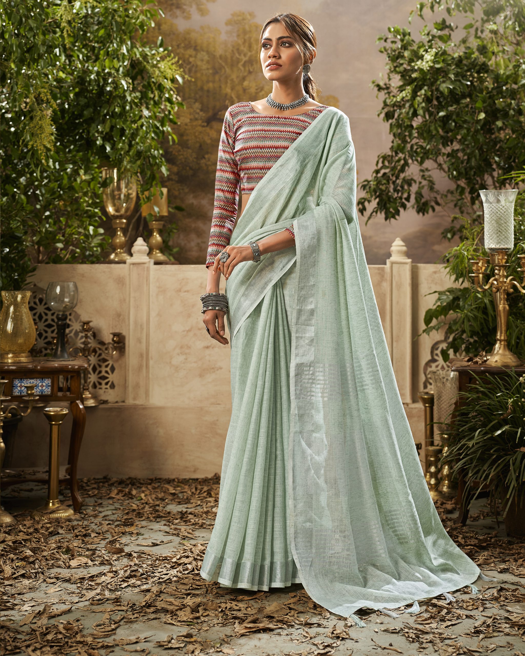 Women's Unstitched Handloom Weaving Linen Saree With Blouse