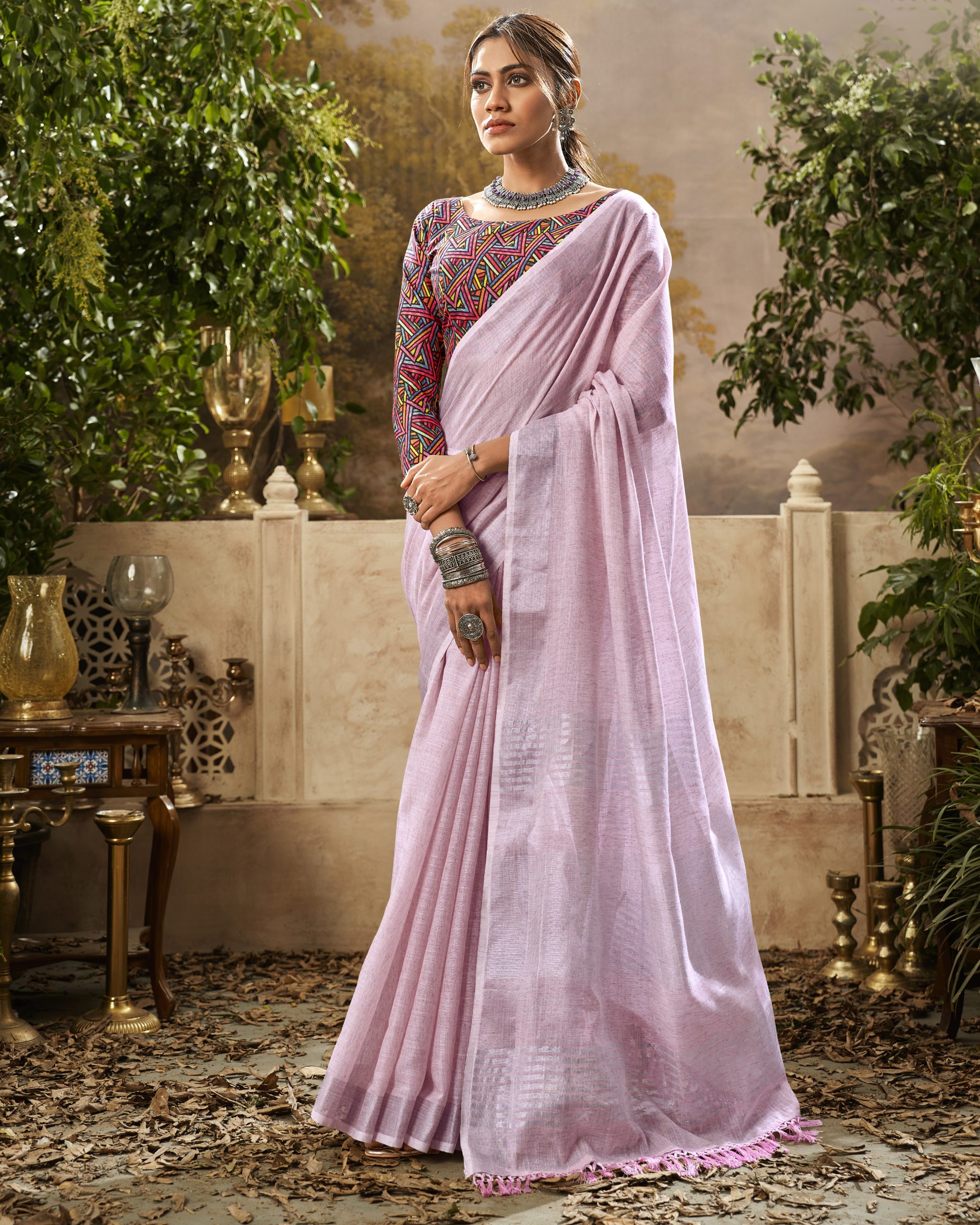 Women's Unstitched Handloom Weaving Linen Saree With Blouse