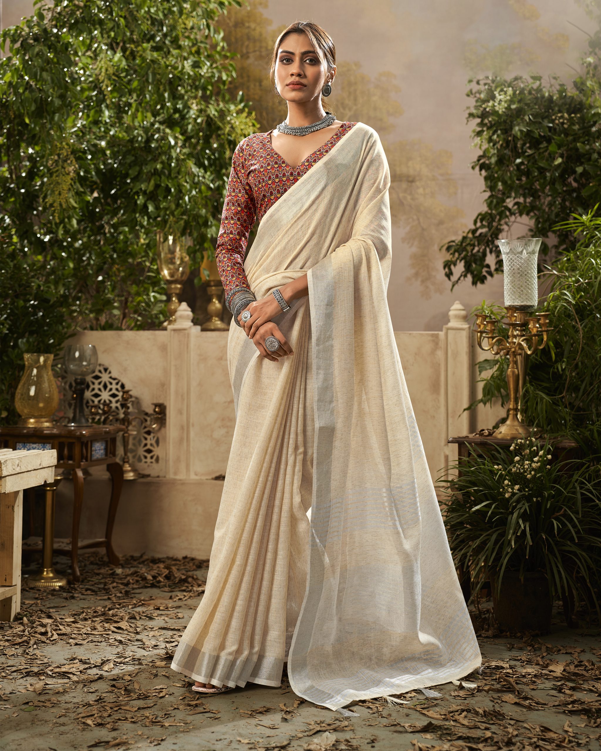 Women's Unstitched Handloom Weaving Linen Saree With Blouse