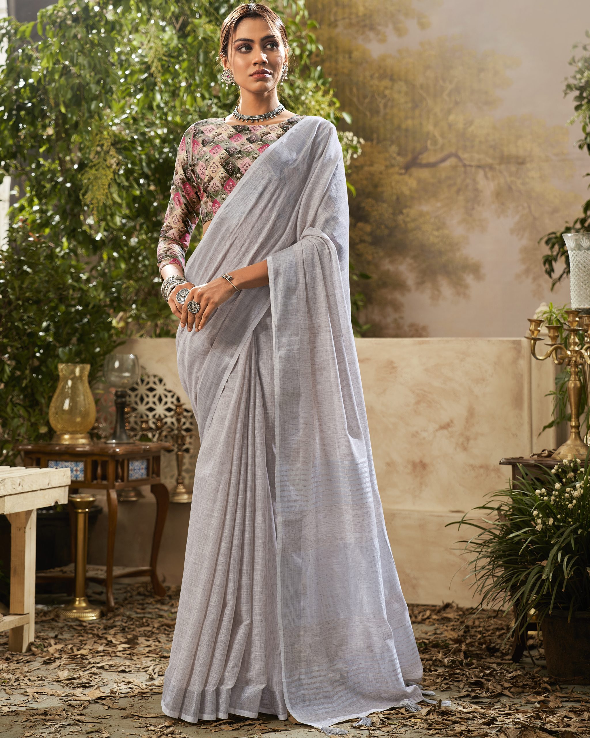 Women's Unstitched Handloom Weaving Linen Saree With Blouse