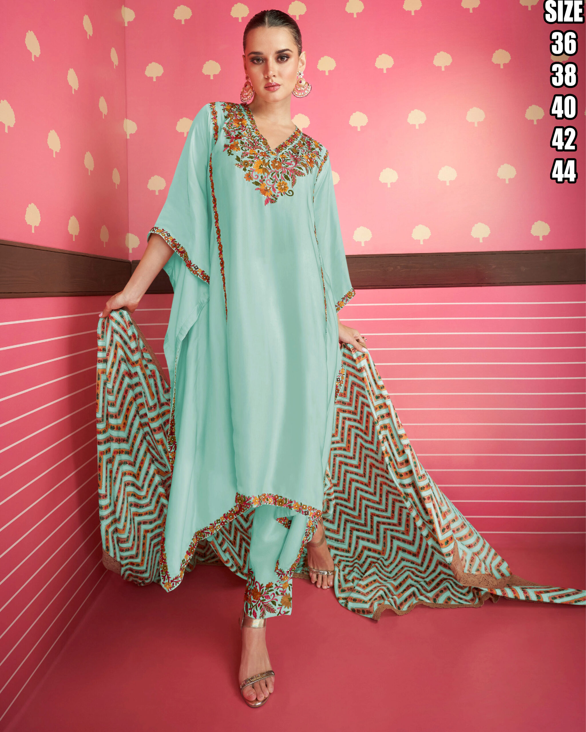 Sayuri Designer Present Stitched Cream Silk Satin Kaftan With Pant