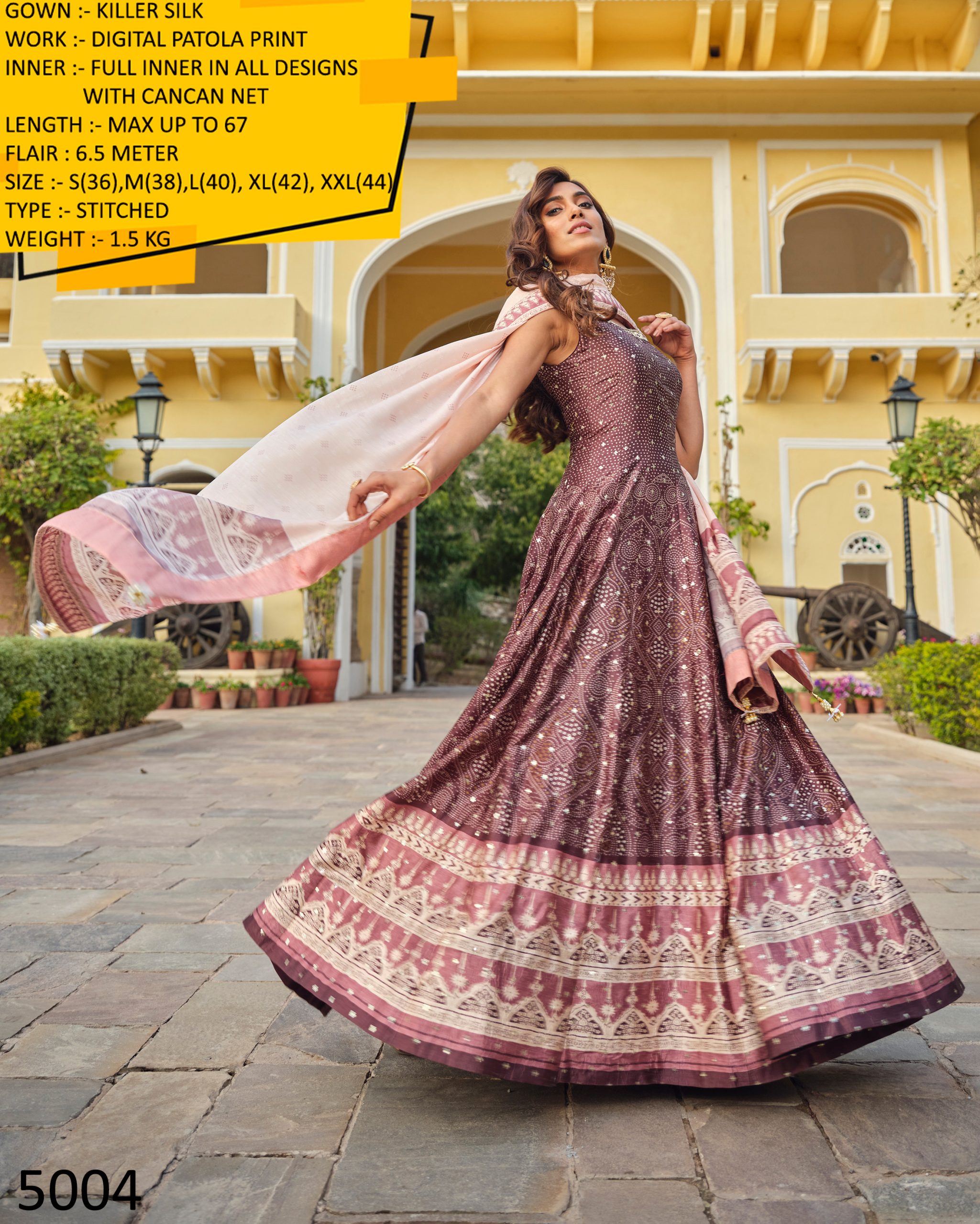 Step into Glamour Flaunt Ready-to-Wear Gown in Killer Silk Adorned with Stunning Digital Patola Print and Can-Can Net