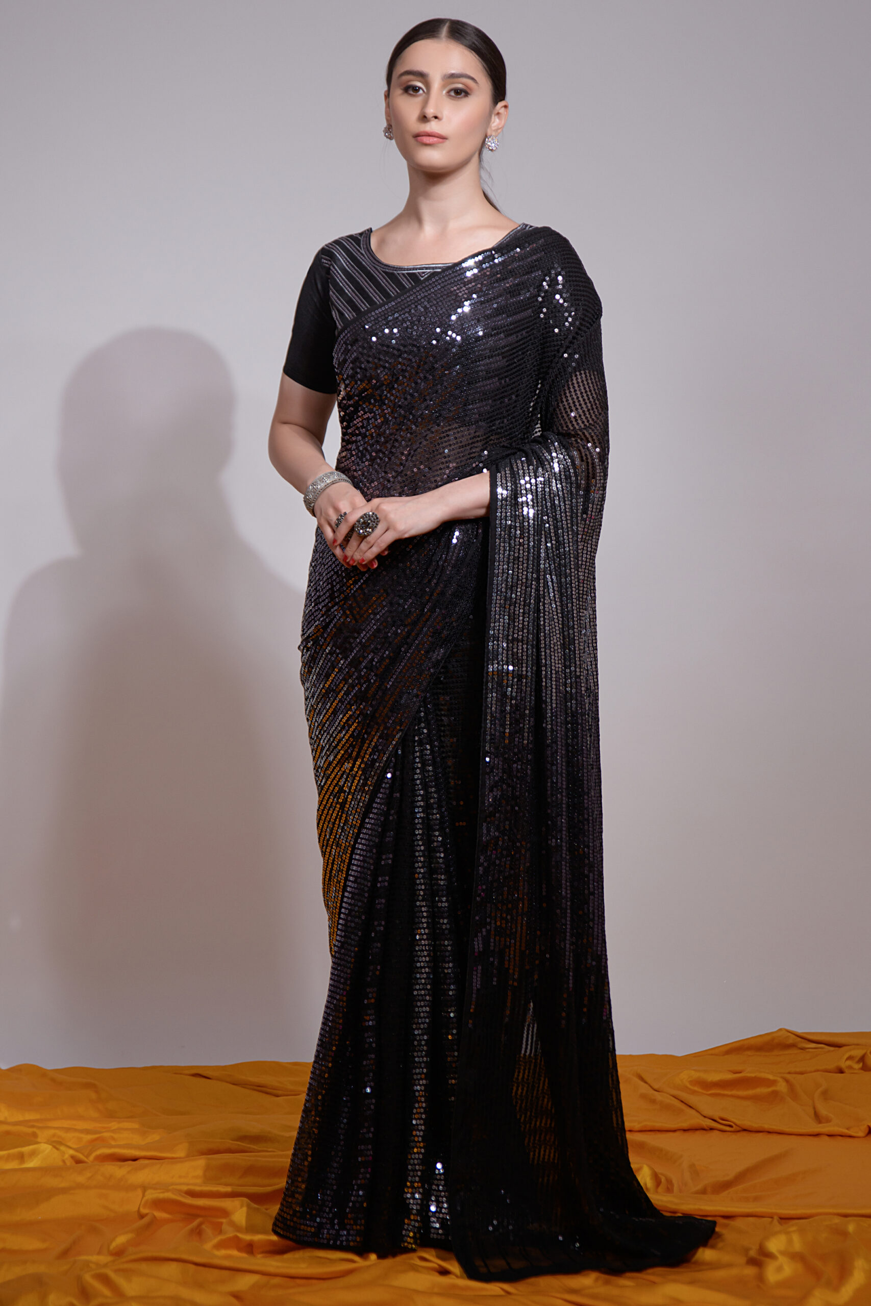 Our Stunning Collection Heavy Georgette Saree with Multicolour Sequence, Paired with Satin Banglori Blouse