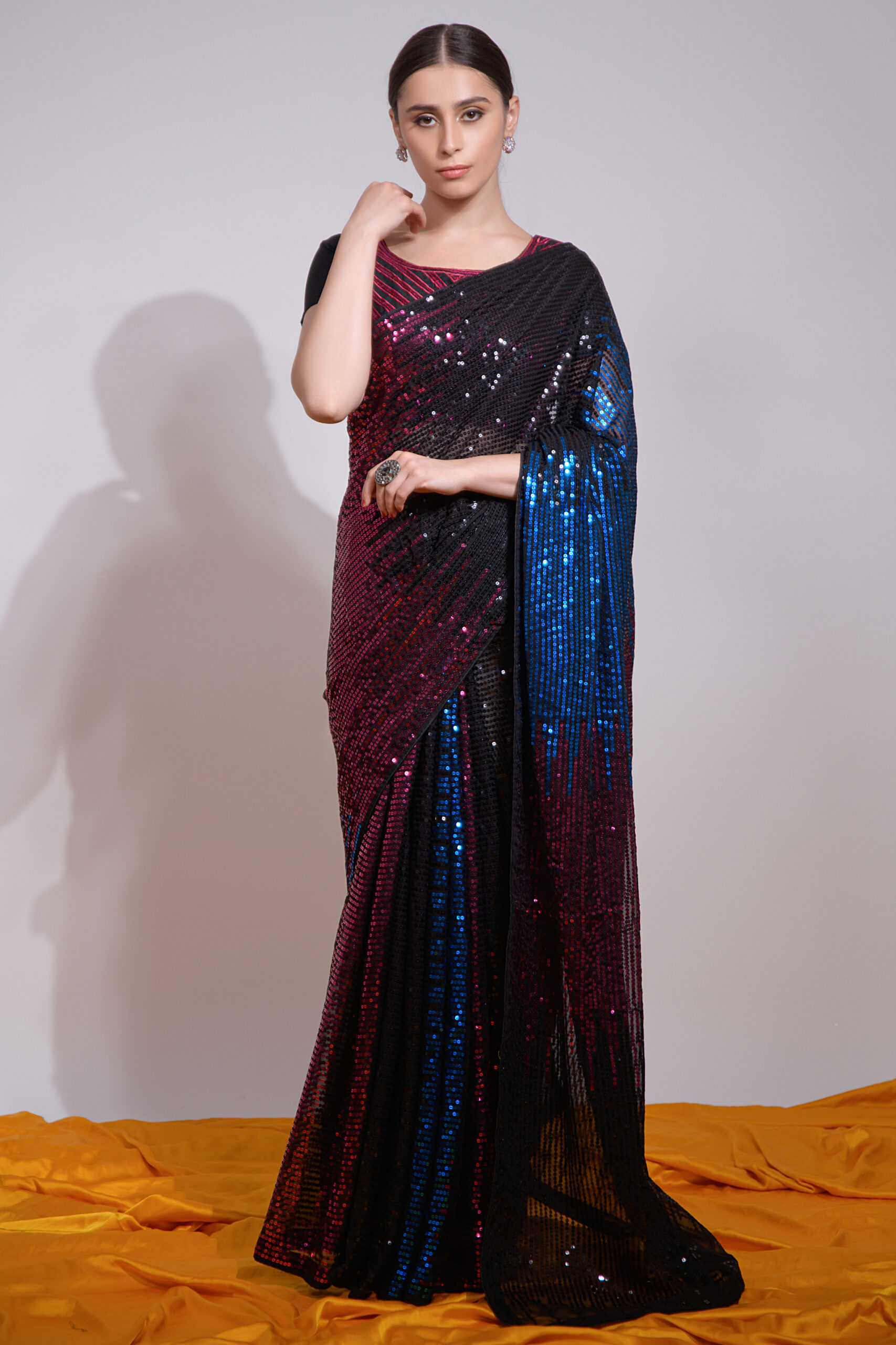 Our Stunning Collection Heavy Georgette Saree with Multicolour Sequence, Paired with Satin Banglori Blouse