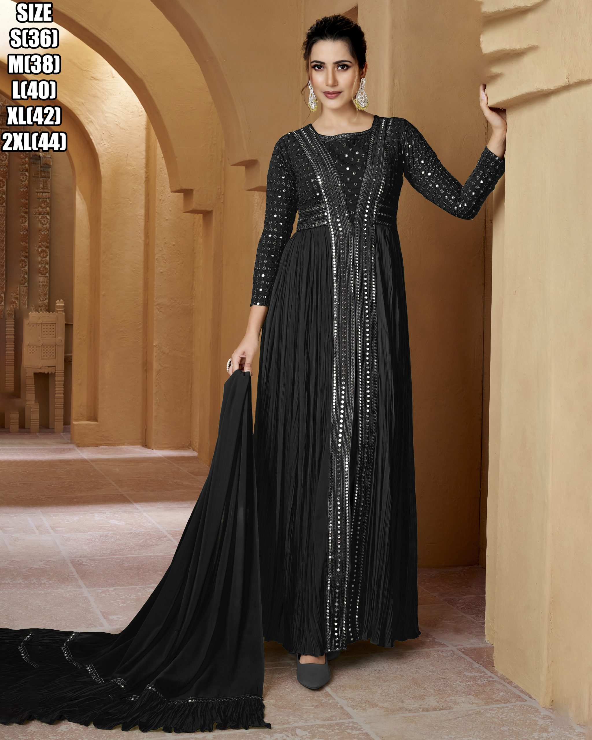 Unleash Your Charisma Step Into Luxury With Ready-to-wear Crushed Real Georgette Gown Adorned In Exquisite Lucknowi Style Work