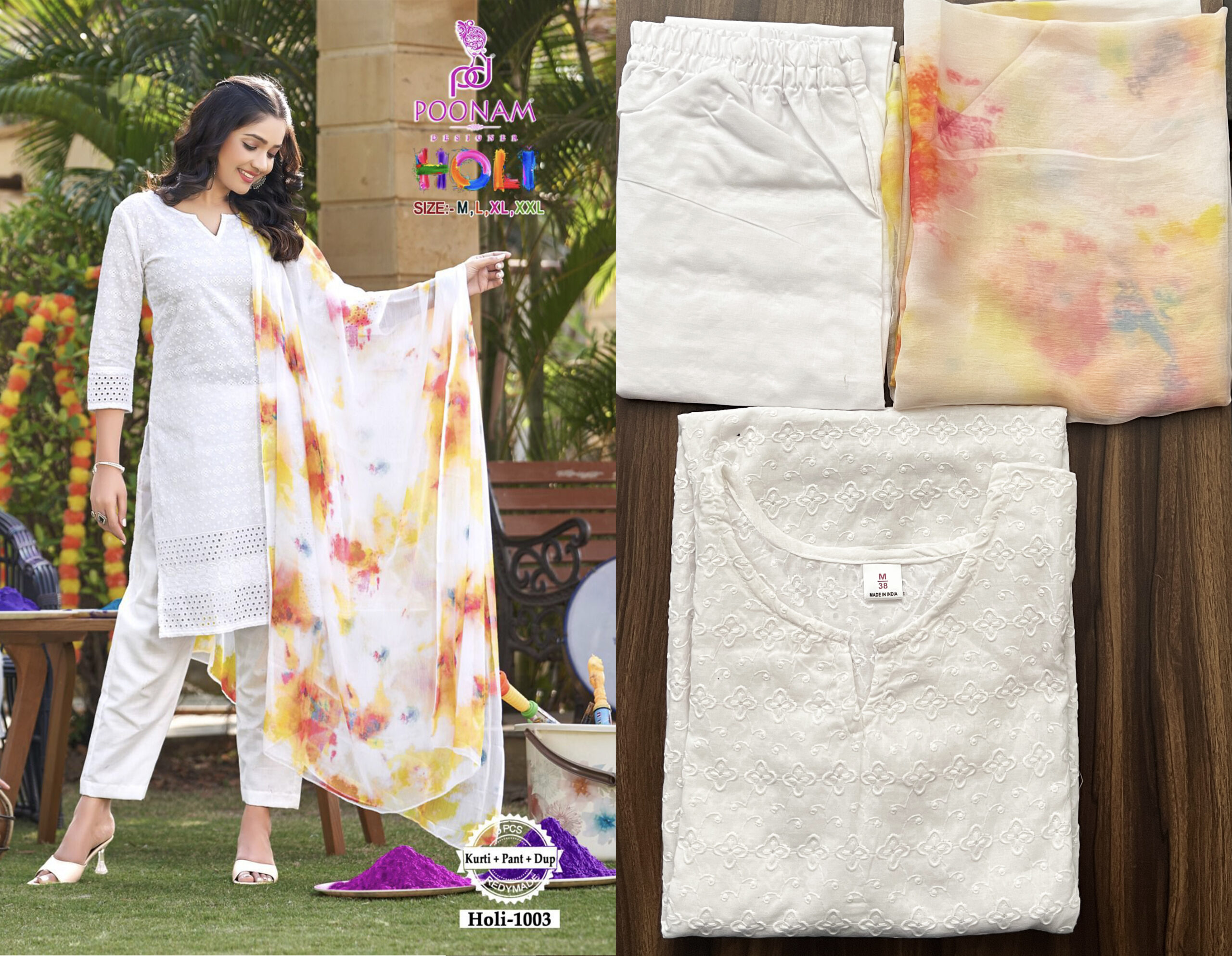 Poonam Present Holi Cotton Chikan Work Readymade Kurtis Set