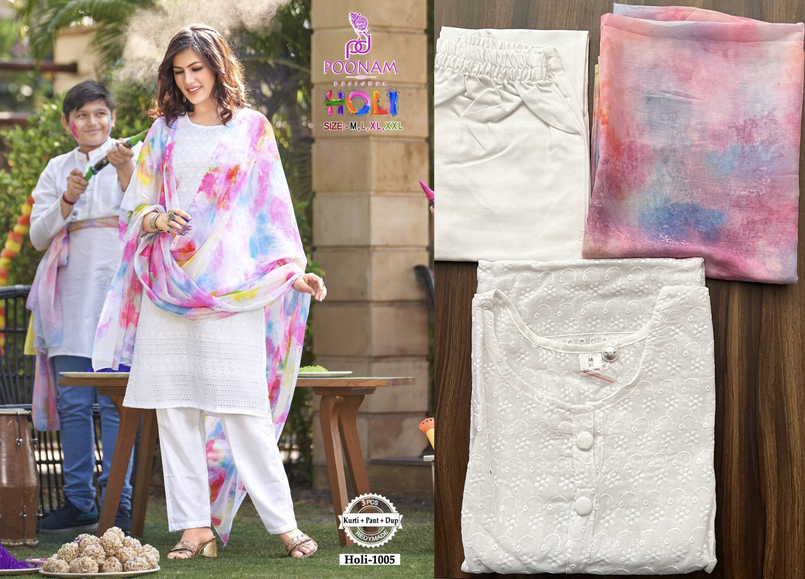 Poonam Present Holi Cotton Chikan Work Readymade Kurtis Set