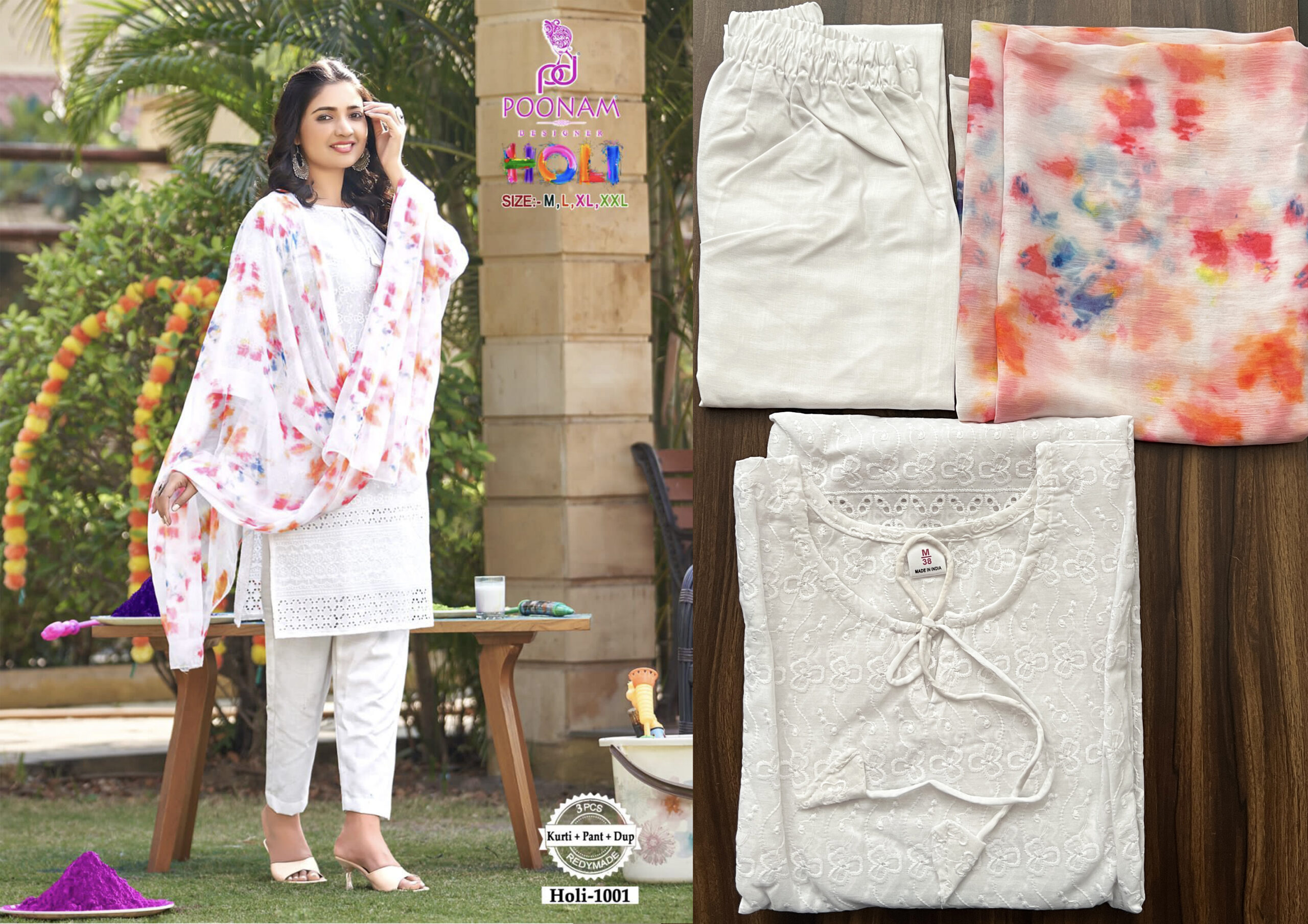 Poonam Present Holi Cotton Chikan Work Readymade Kurtis Set