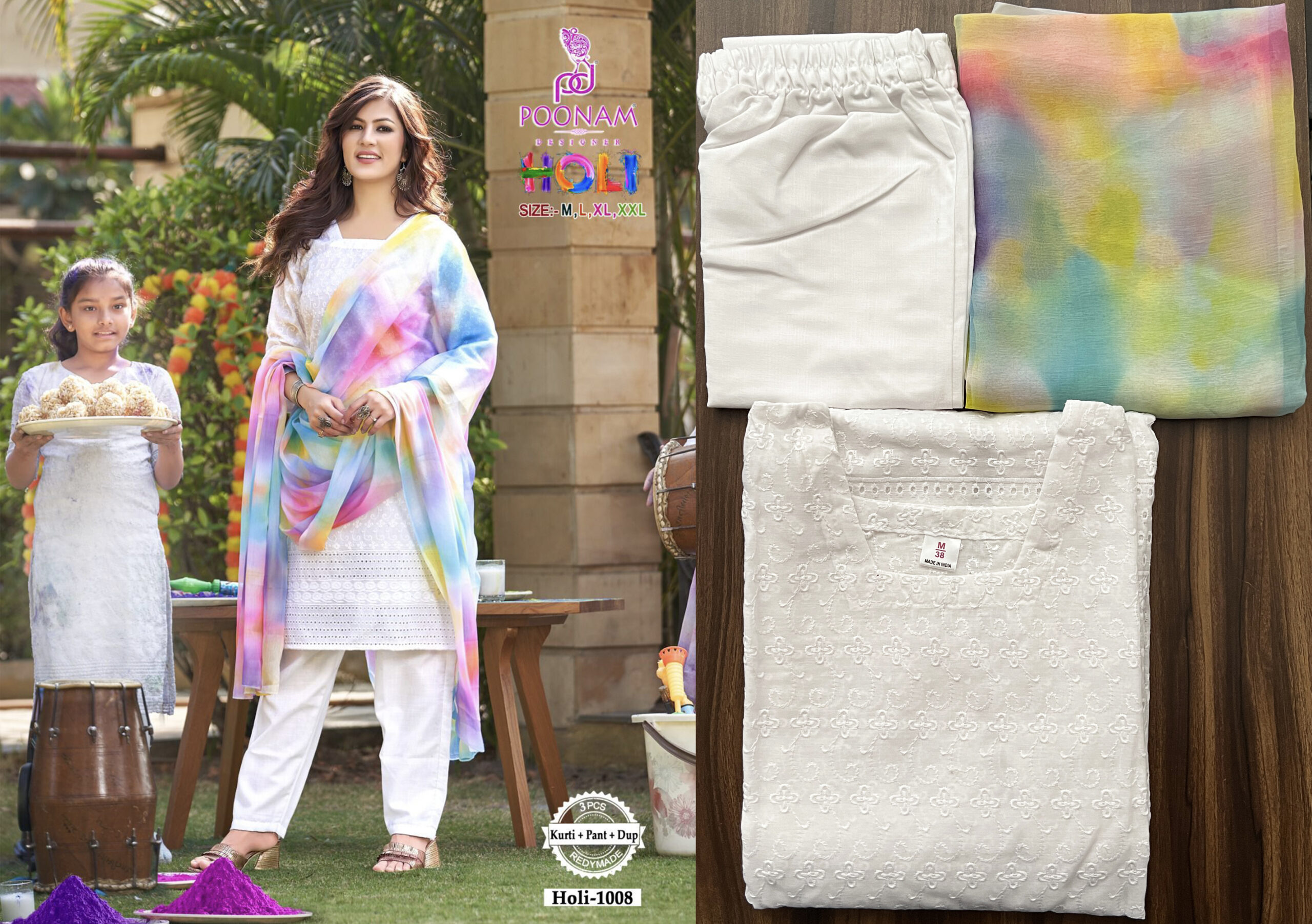Poonam Present Holi Cotton Chikan Work Readymade Kurtis Set