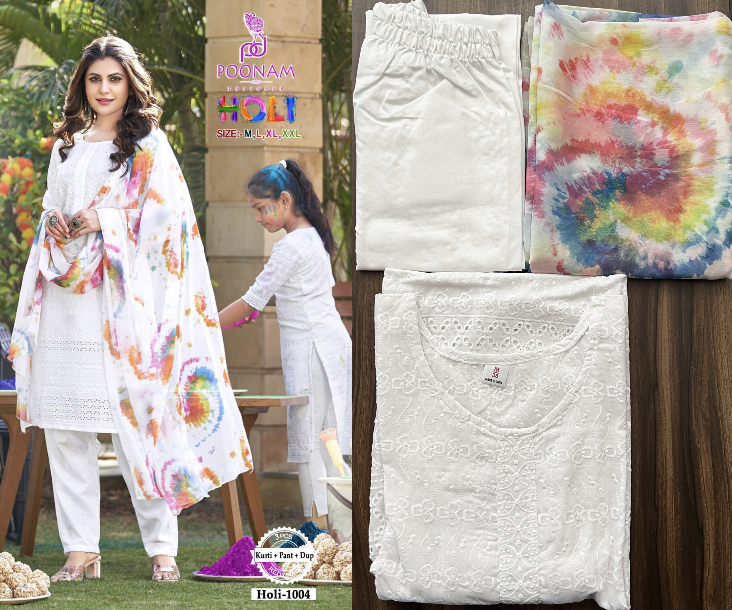Poonam Present Holi Cotton Chikan Work Readymade Kurtis Set