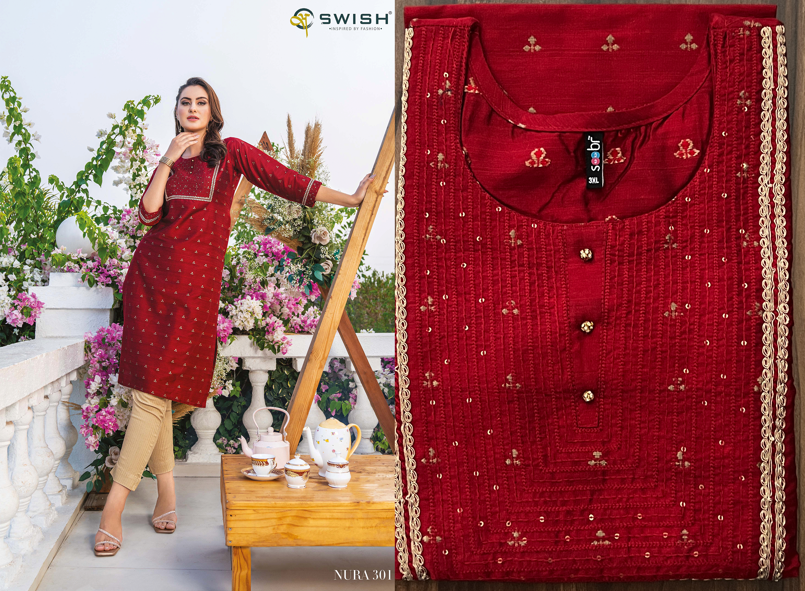 Ethnicrang Women's Silk Jacquard Straight Design Weaving Kurti