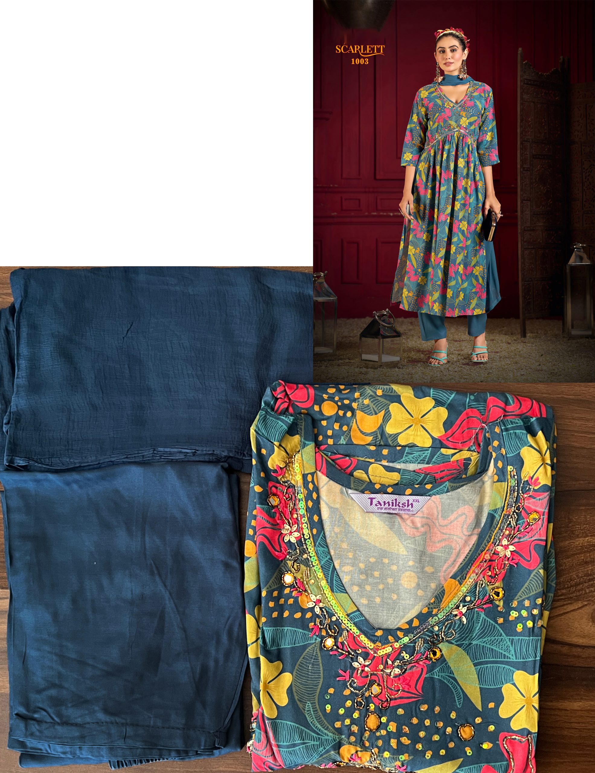 Women's Stitched Rayon Handwork Kurti Pent With Nazneen Dupatta