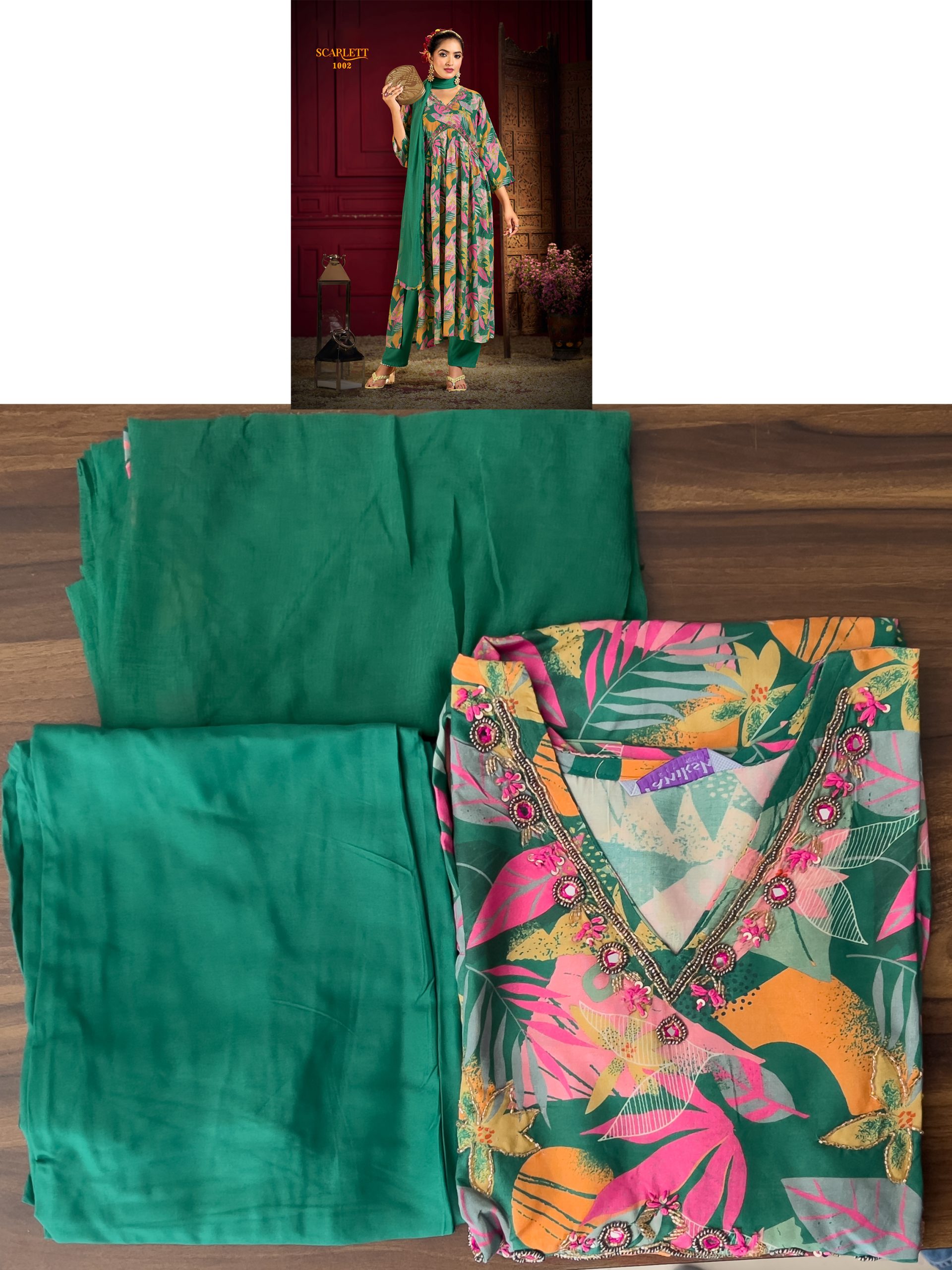 Women's Stitched Rayon Handwork Kurti Pent With Nazneen Dupatta