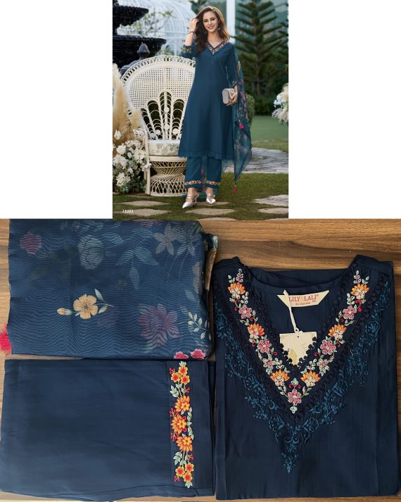 Ethnicrang Women's Viscose Organza Embroidery Occasion Beautiful Party Wear 3Pcs Fancy Kurti Pent With Dupatta