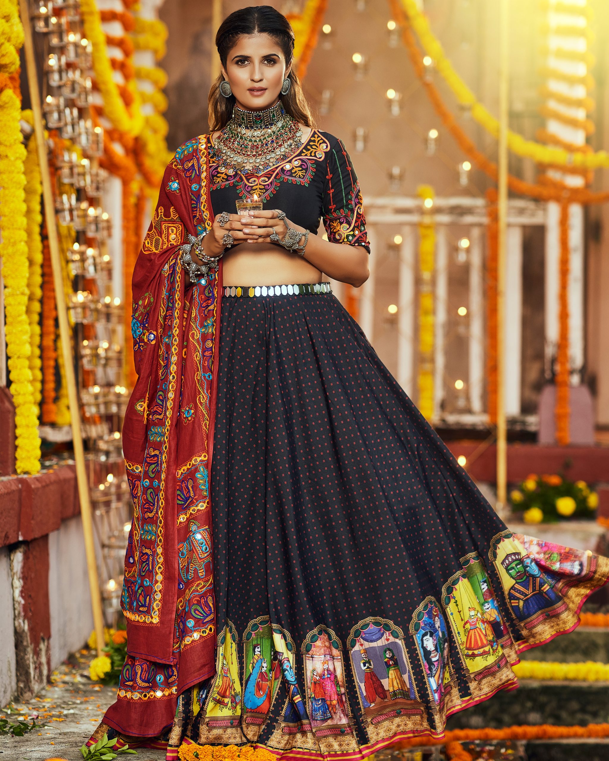 Enchanting Navratri: Unleash Your Inner Goddess With Our Dazzling Collection Of Chaniya Cholis, Lehengas, And Exquisite Accessories.