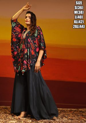 Effortless Style With Our Readymade Pure Muslin Poncho Style Top And Palazzo Set A Fusion Of Comfort And Chic Glamour