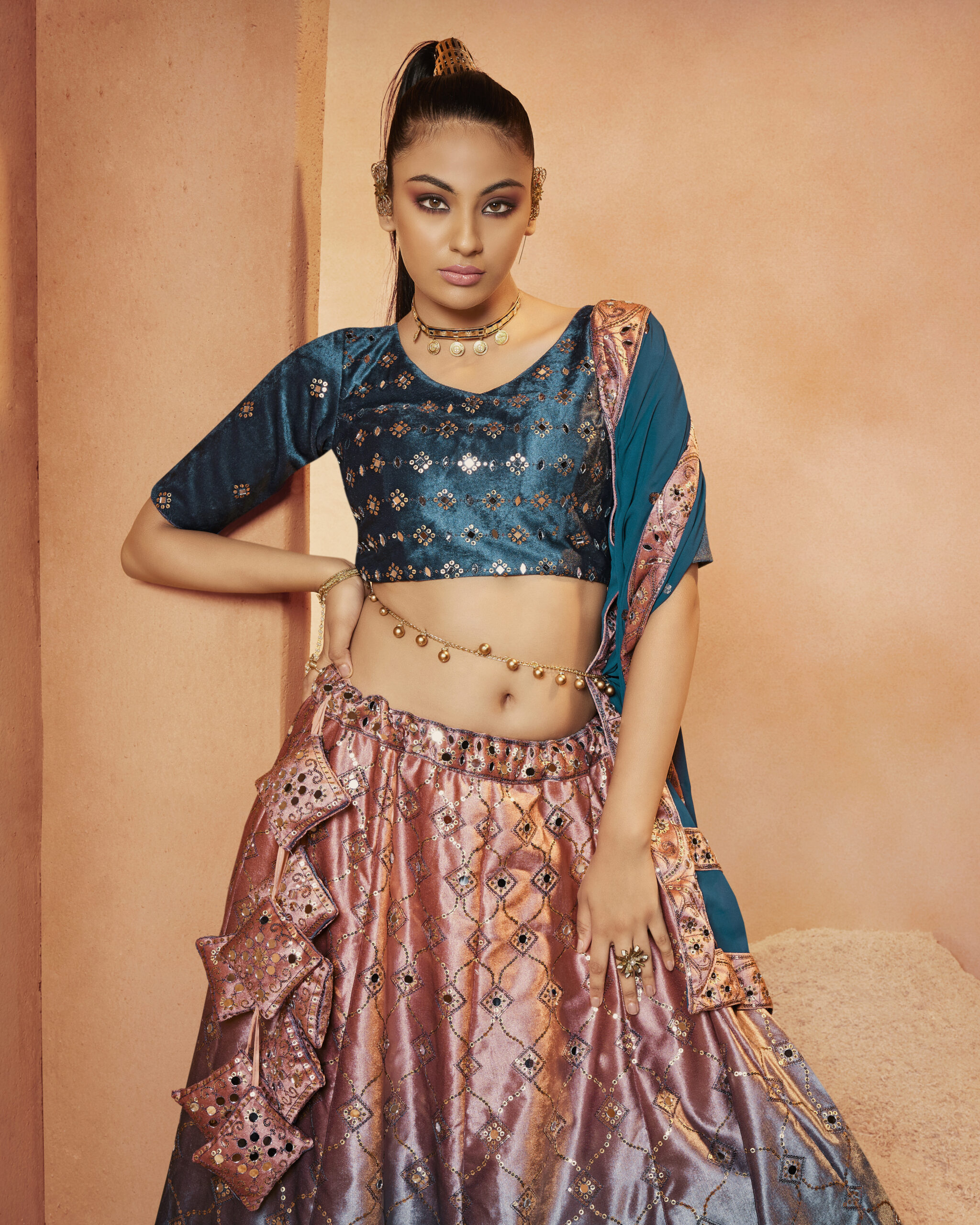 Velvet Traditional Semi Stitched Lehenga Choli