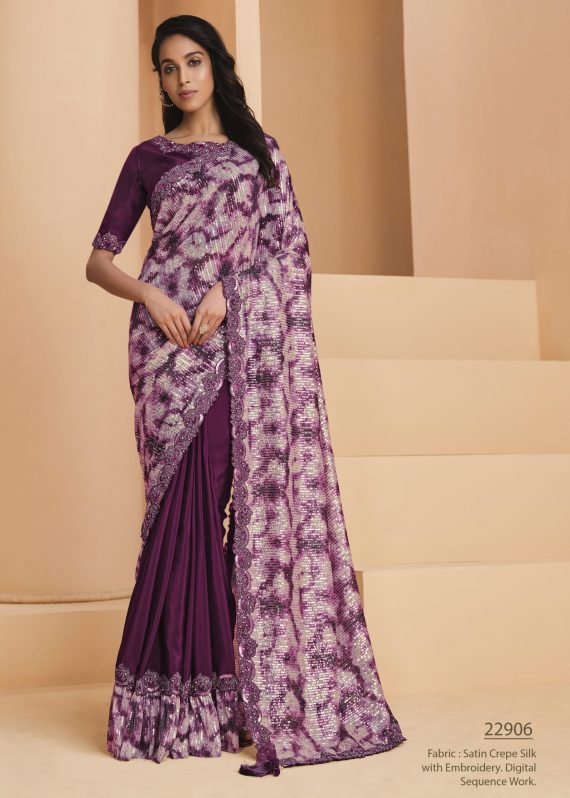 Satin Crepe Silk With Embroidery Sequins & Stone Work Designer Un Stitched Saree