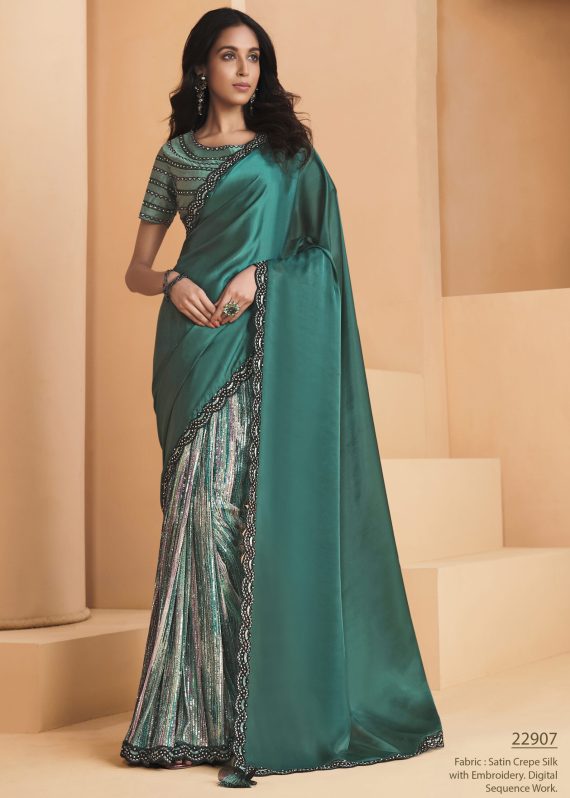 Satin Crepe Silk With Embroidery Sequins & Stone Work Designer Un Stitched Saree