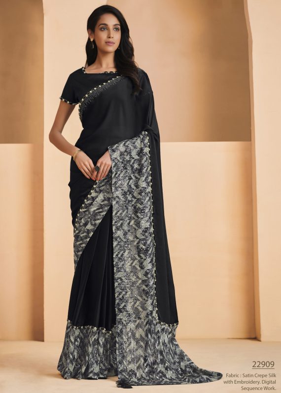 Satin Crepe Silk With Embroidery Sequins & Stone Work Designer Un Stitched Saree
