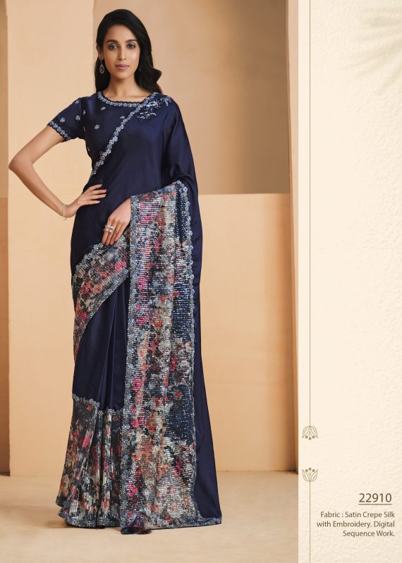 Satin Crepe Silk With Embroidery Sequins & Stone Work Designer Un Stitched Saree