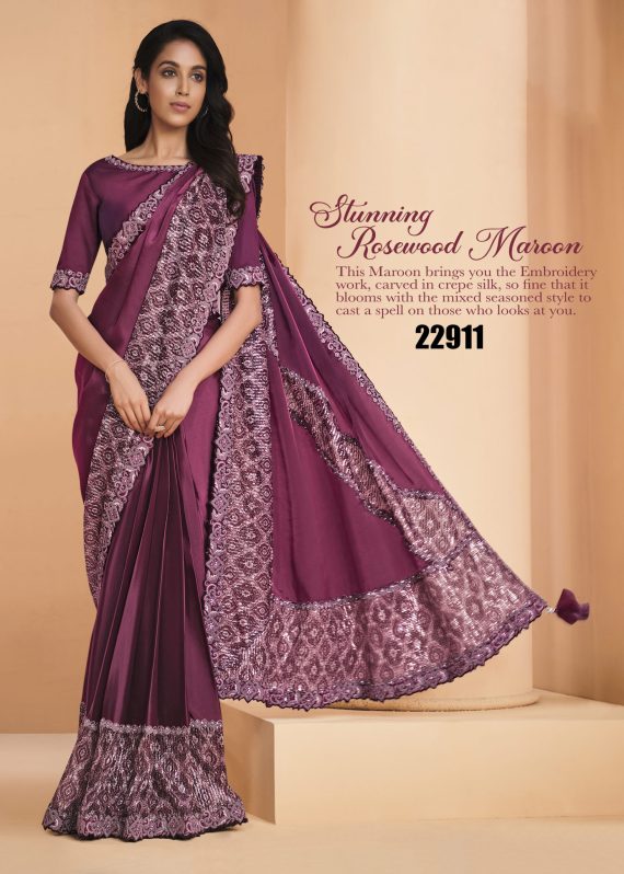 Satin Crepe Silk With Embroidery Sequins & Stone Work Designer Un Stitched Saree