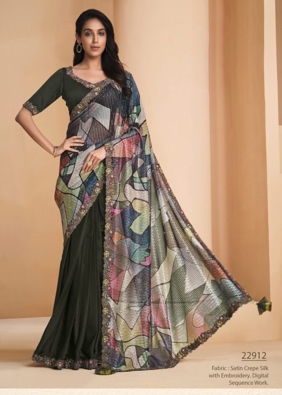 Satin Crepe Silk With Embroidery Sequins & Stone Work Designer Un Stitched Saree