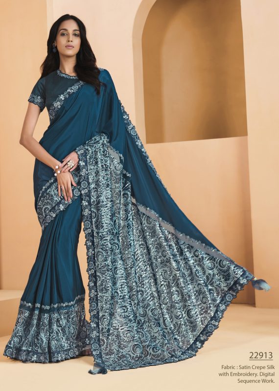 Satin Crepe Silk With Embroidery Sequins & Stone Work Designer Un Stitched Saree