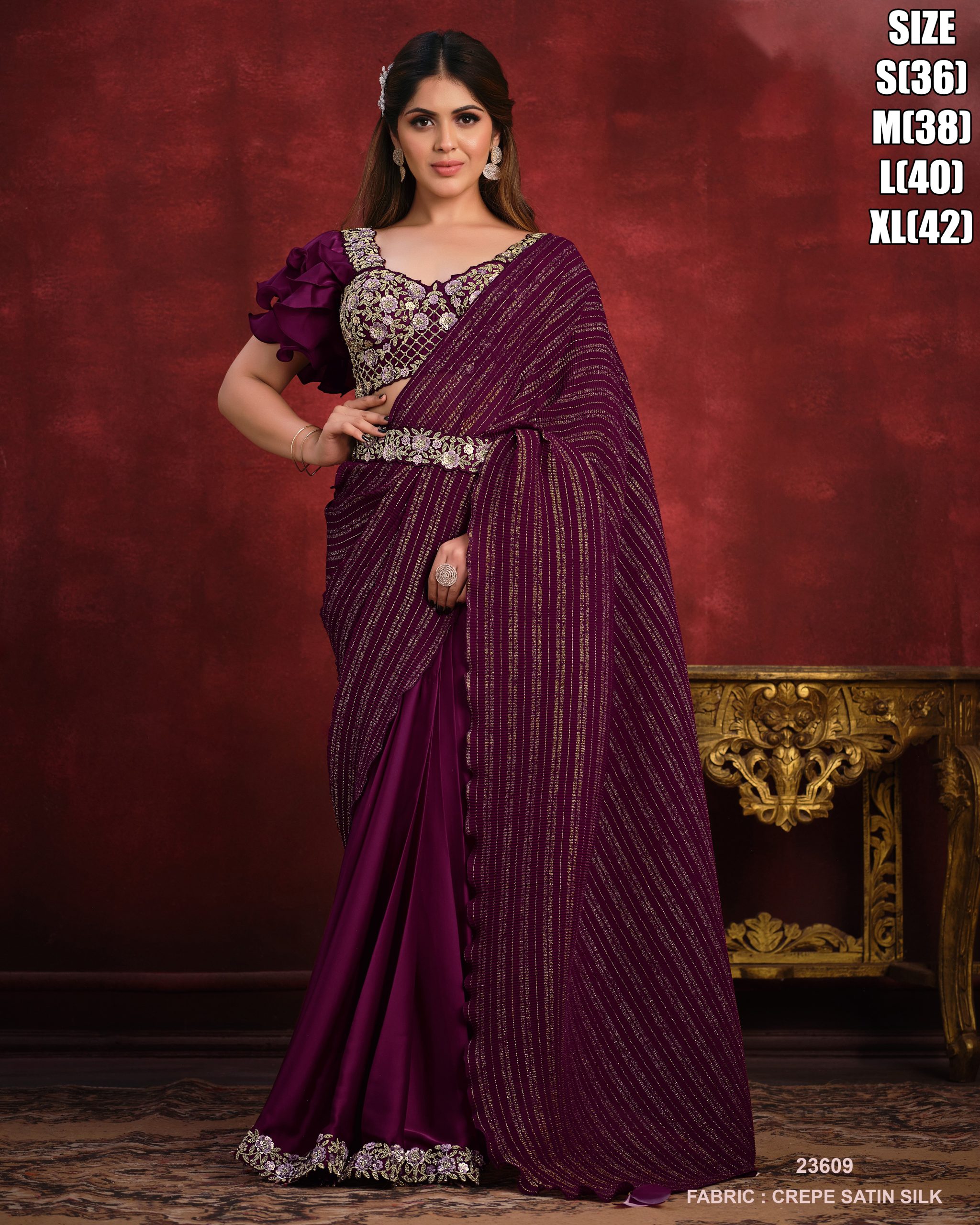 Women's Ready To Wear Banarasi Crush Silk Designer Saree With Blouse