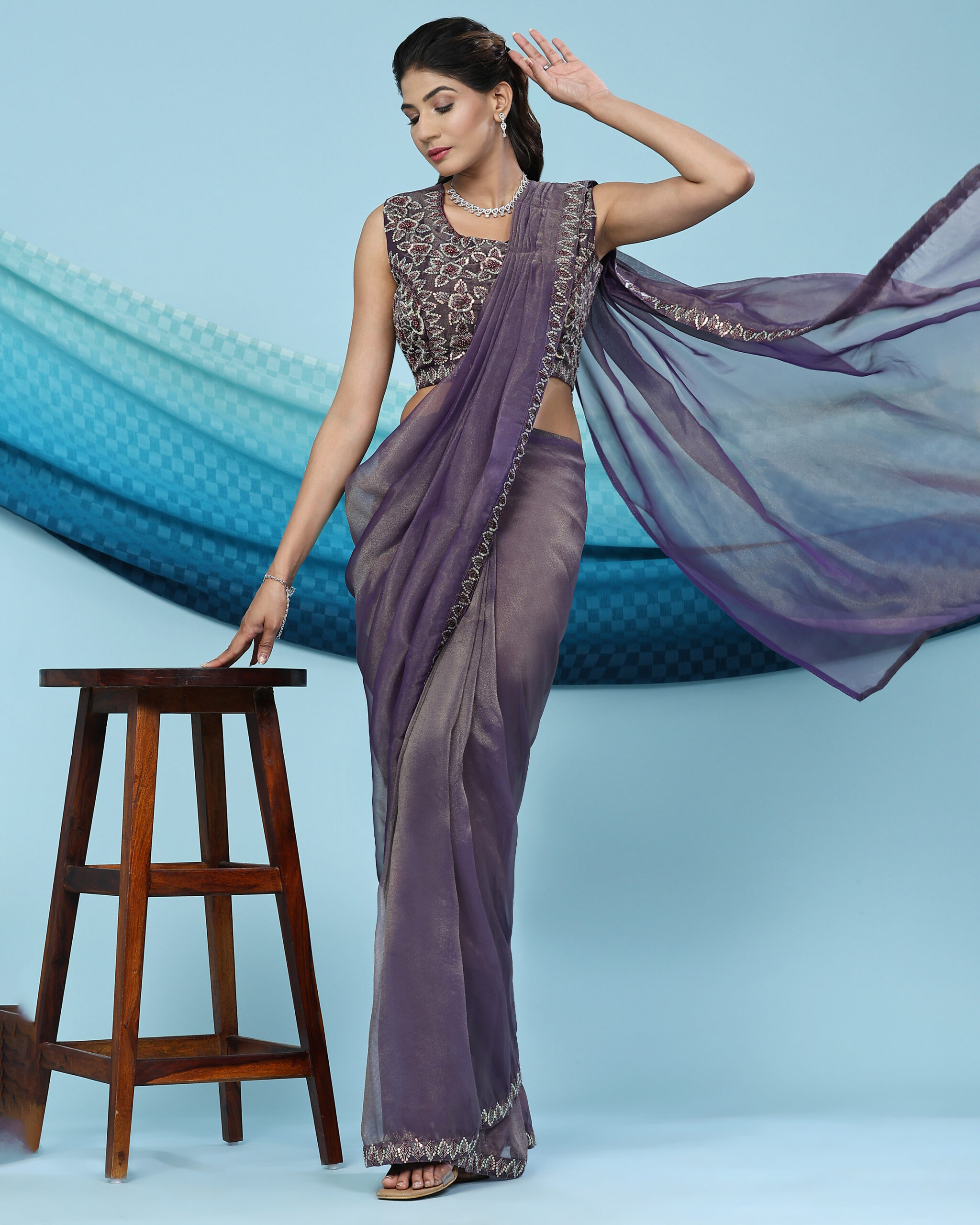 Ready To Wear Shimmer Embroidery Designer Saree With Blouse