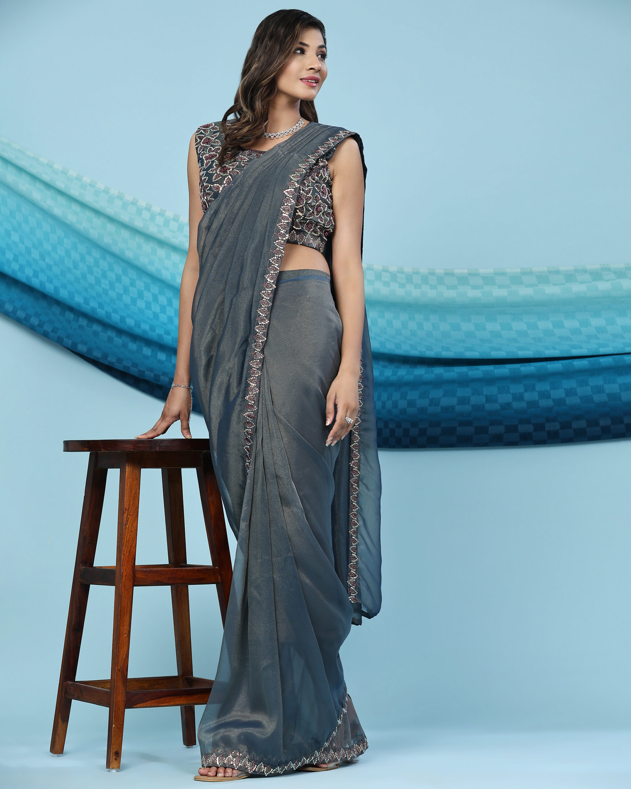 Ready To Wear Shimmer Embroidery Designer Saree With Blouse