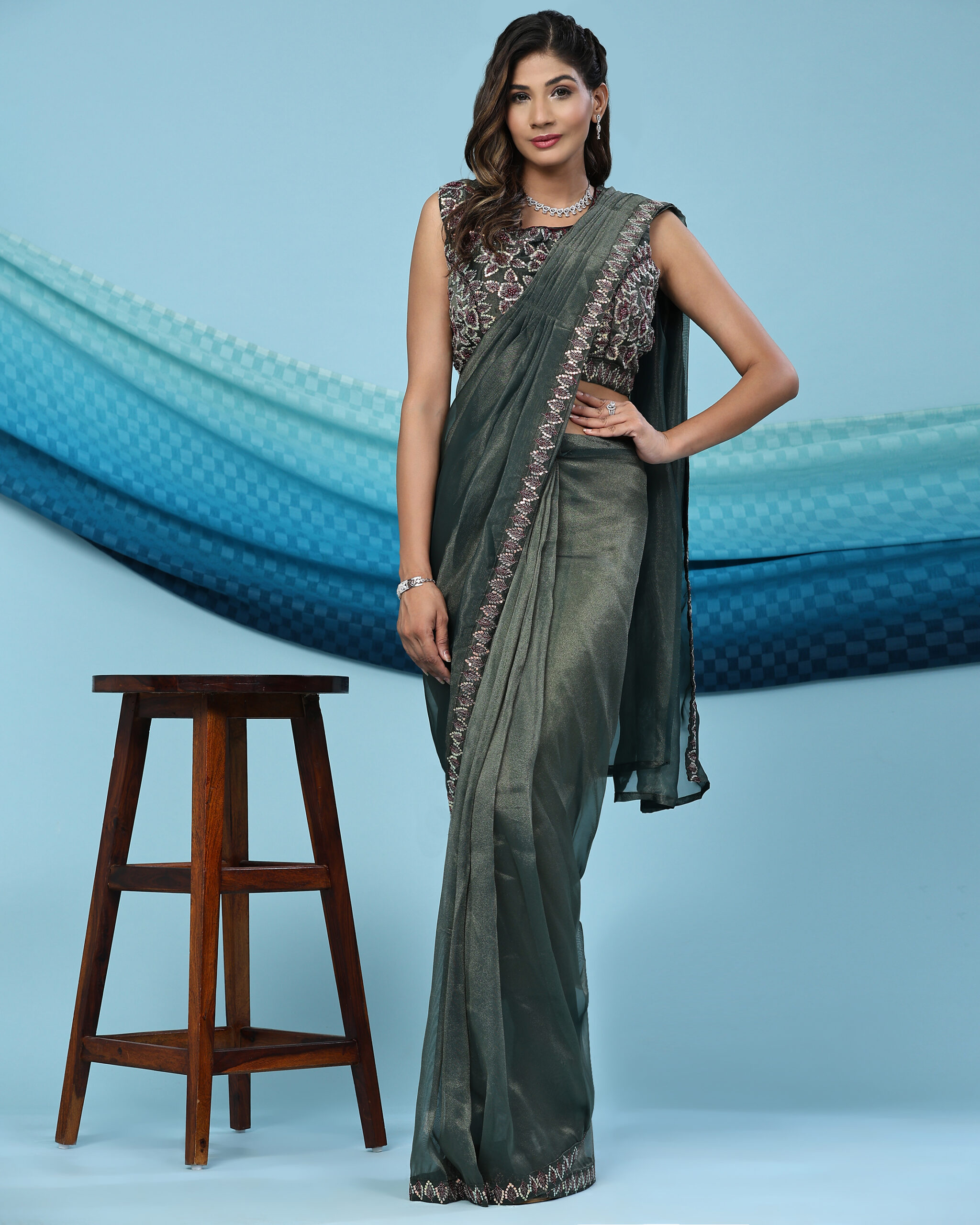Ready To Wear Shimmer Embroidery Designer Saree With Blouse