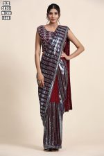 Women's Ready to wear Pure Georgette Multi Sequence Partywear Saree With Blouse With Belt