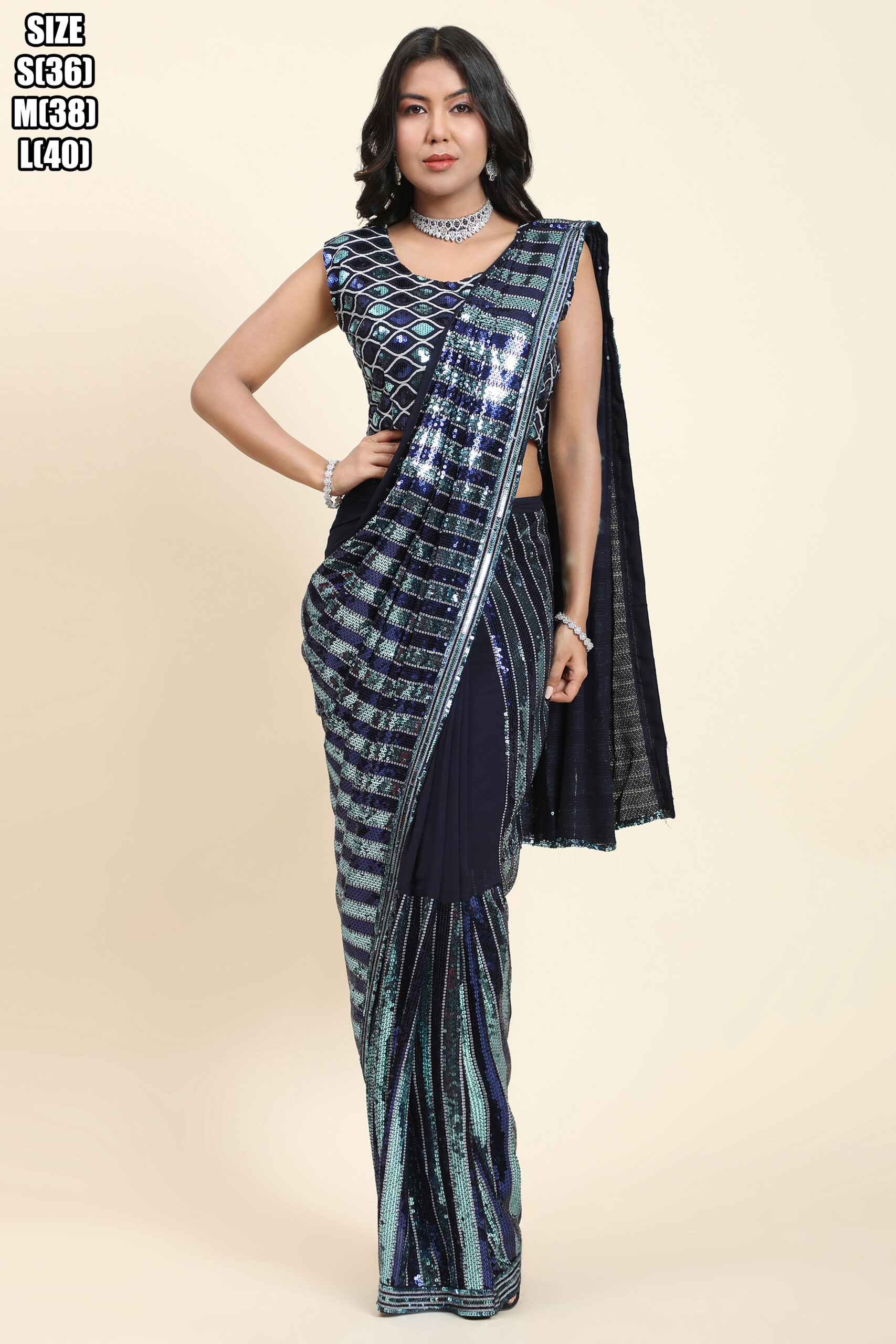 Women's Ready to wear Pure Georgette Multi Sequence Partywear Saree With Blouse With Belt