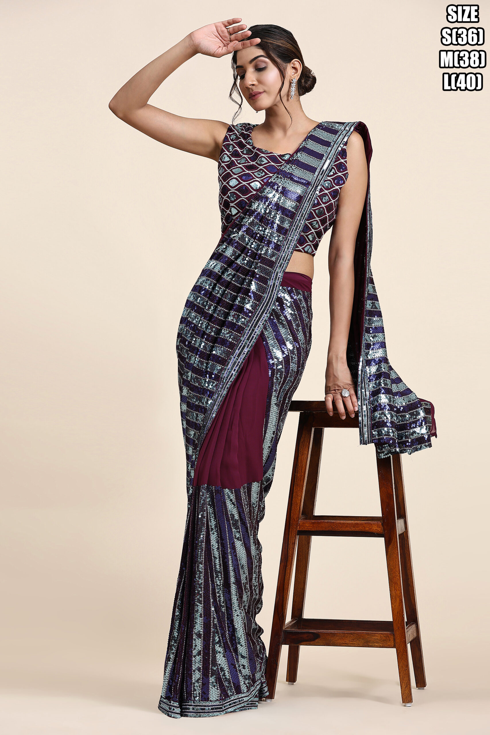 Women's Ready to wear Pure Georgette Multi Sequence Partywear Saree With Blouse With Belt