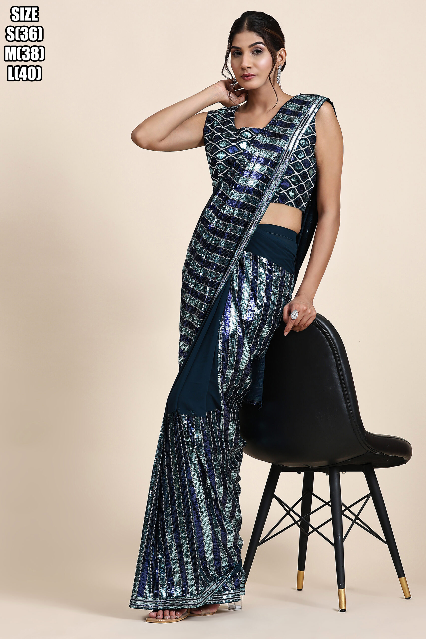 Women's Ready to wear Pure Georgette Multi Sequence Partywear Saree With Blouse With Belt