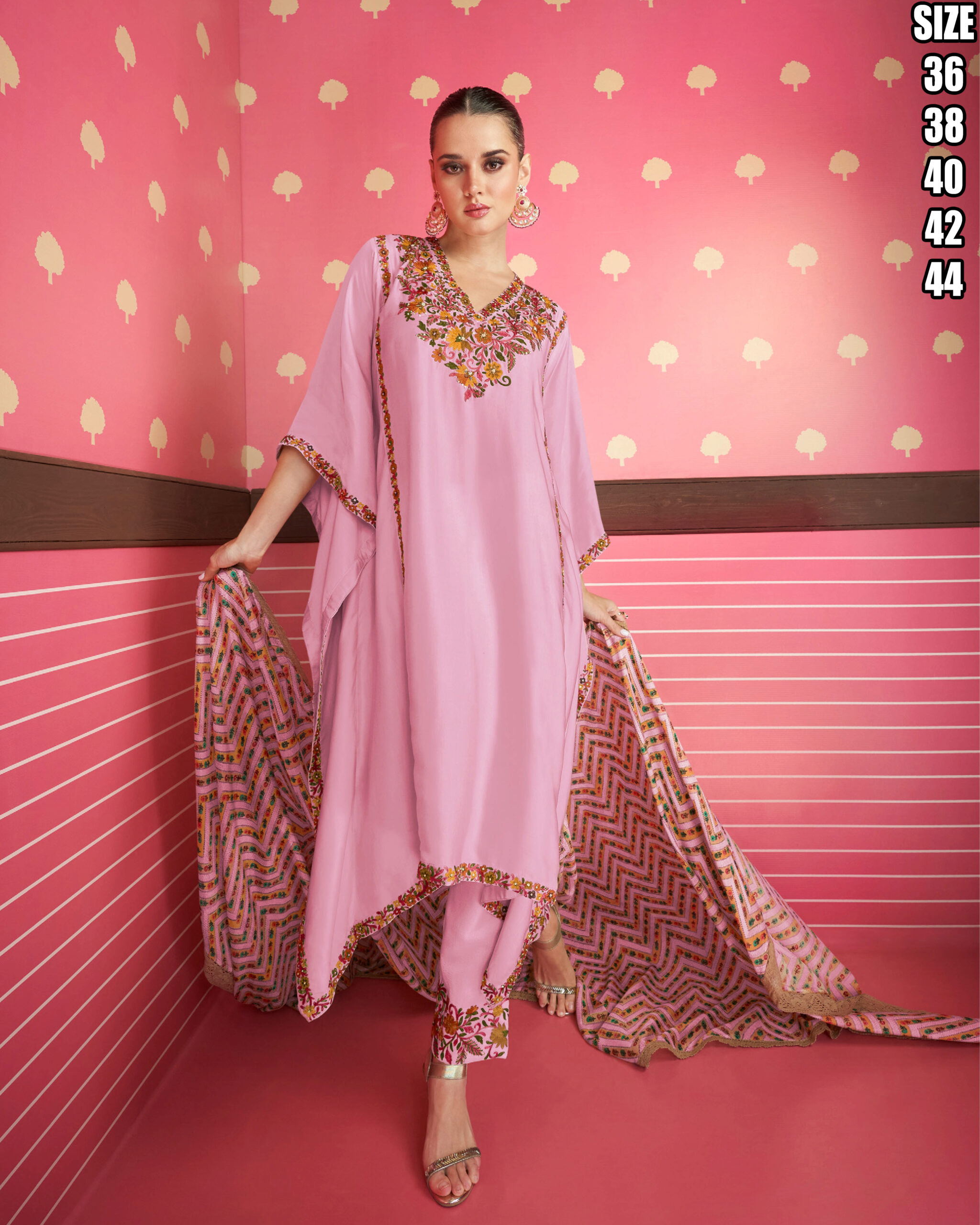 Sayuri Designer Present Stitched Cream Silk Satin Kaftan With Pant