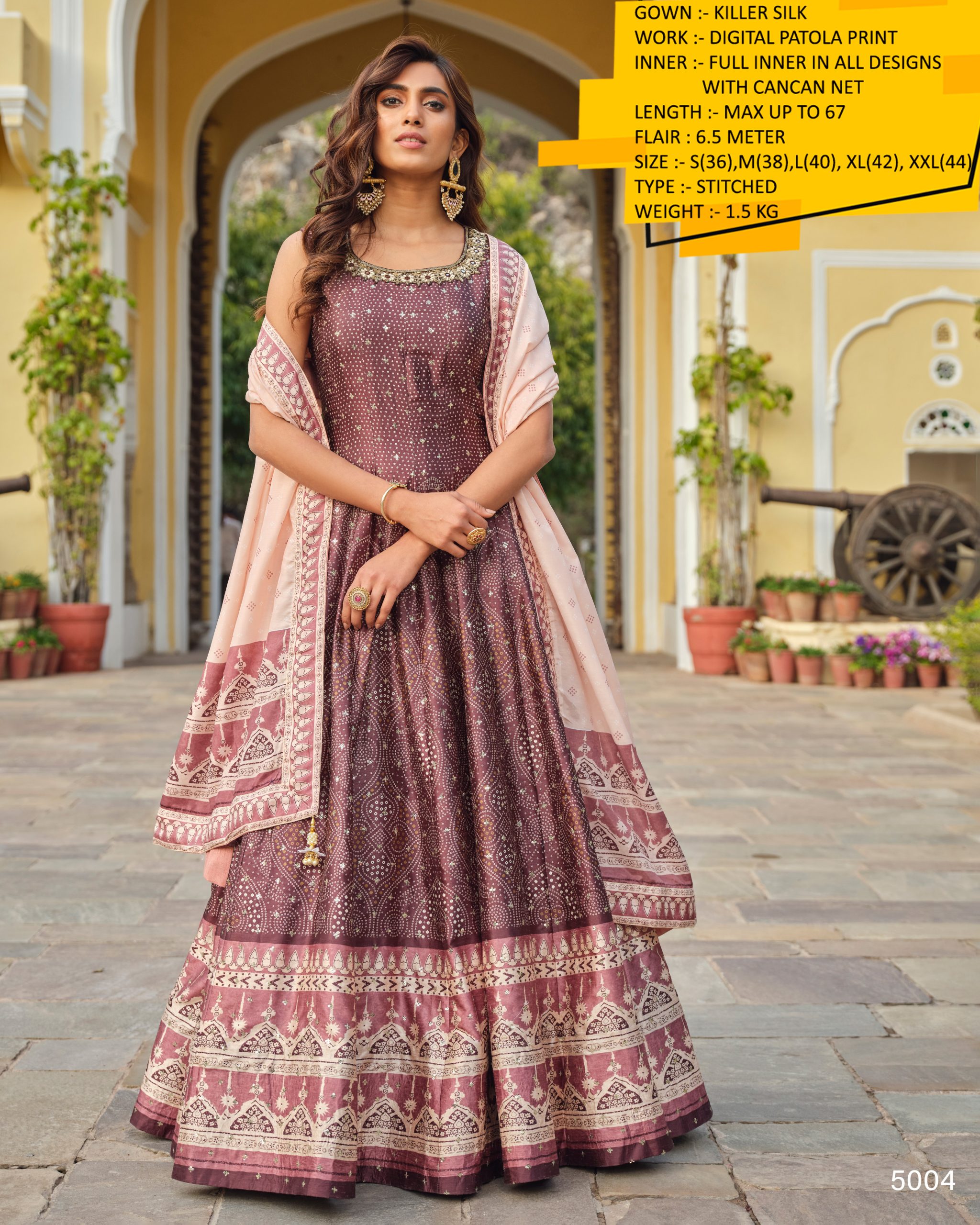 Step into Glamour Flaunt Ready-to-Wear Gown in Killer Silk Adorned with Stunning Digital Patola Print and Can-Can Net