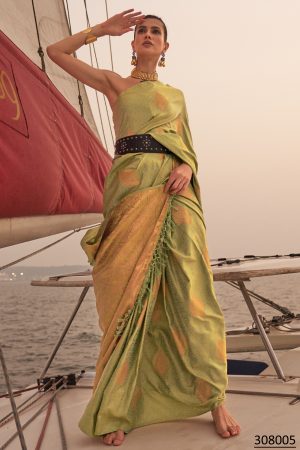 Elevate Your Ethnic Wardrobe With Our Unstitched Satin Pastel Two-tone Handloom Saree And Blouse Set