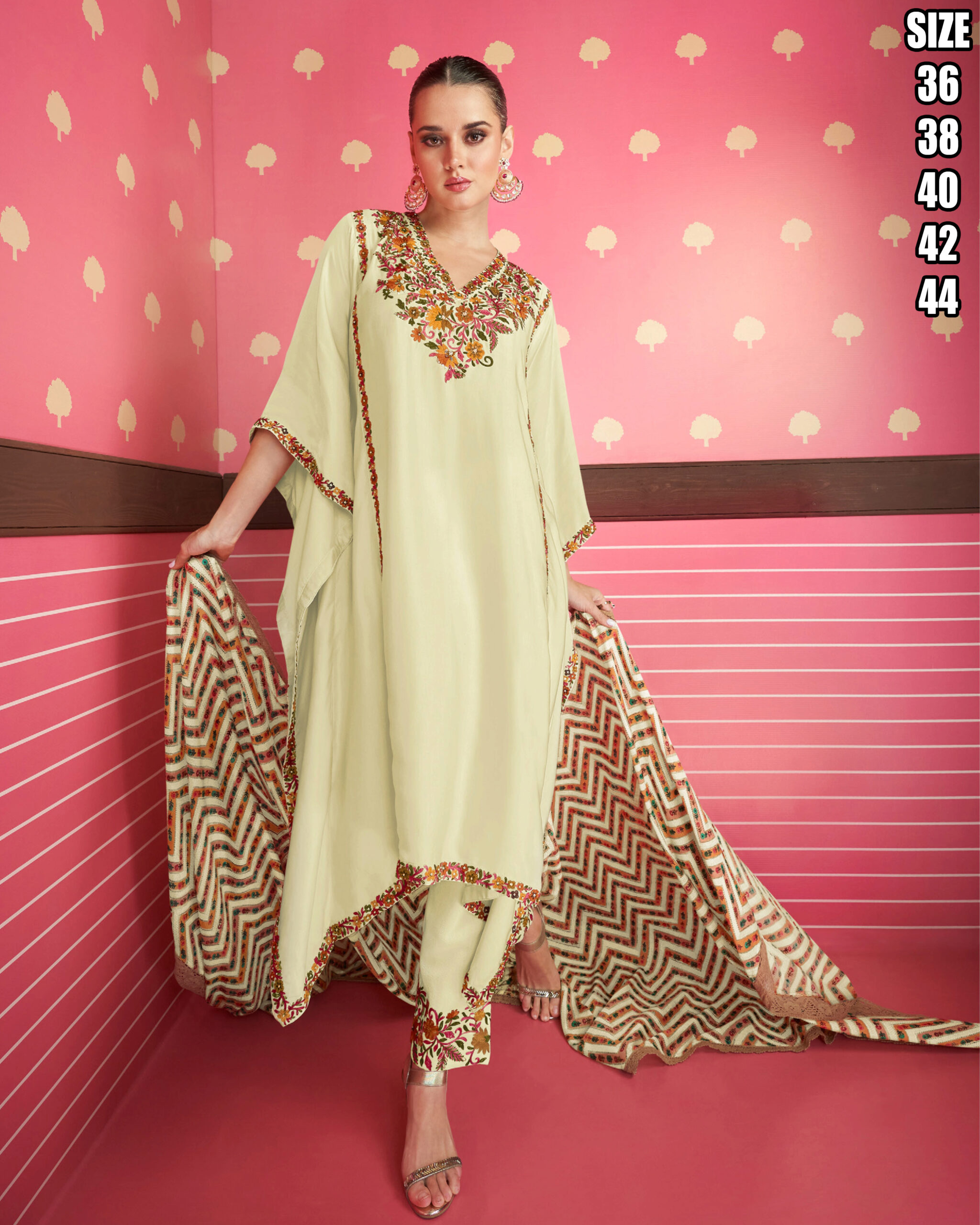 Sayuri Designer Present Stitched Cream Silk Satin Kaftan With Pant